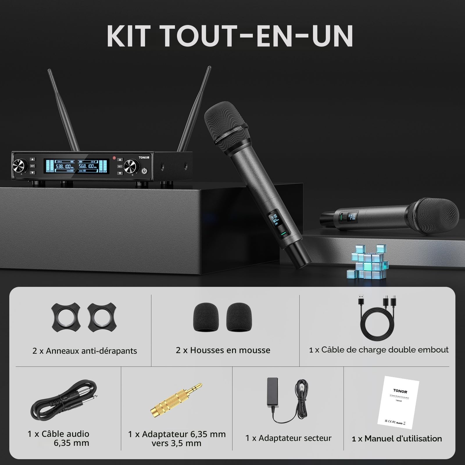 TONOR Système de Micro sans Fil, Microphone sans Fil Rechargeable Professionnel, Micro Dynamique sans Fil en Métal 2x100 UHF pour Karaoké/église/Chant/Mariage/DJ, Auto Scan, 80 M Range, TW550