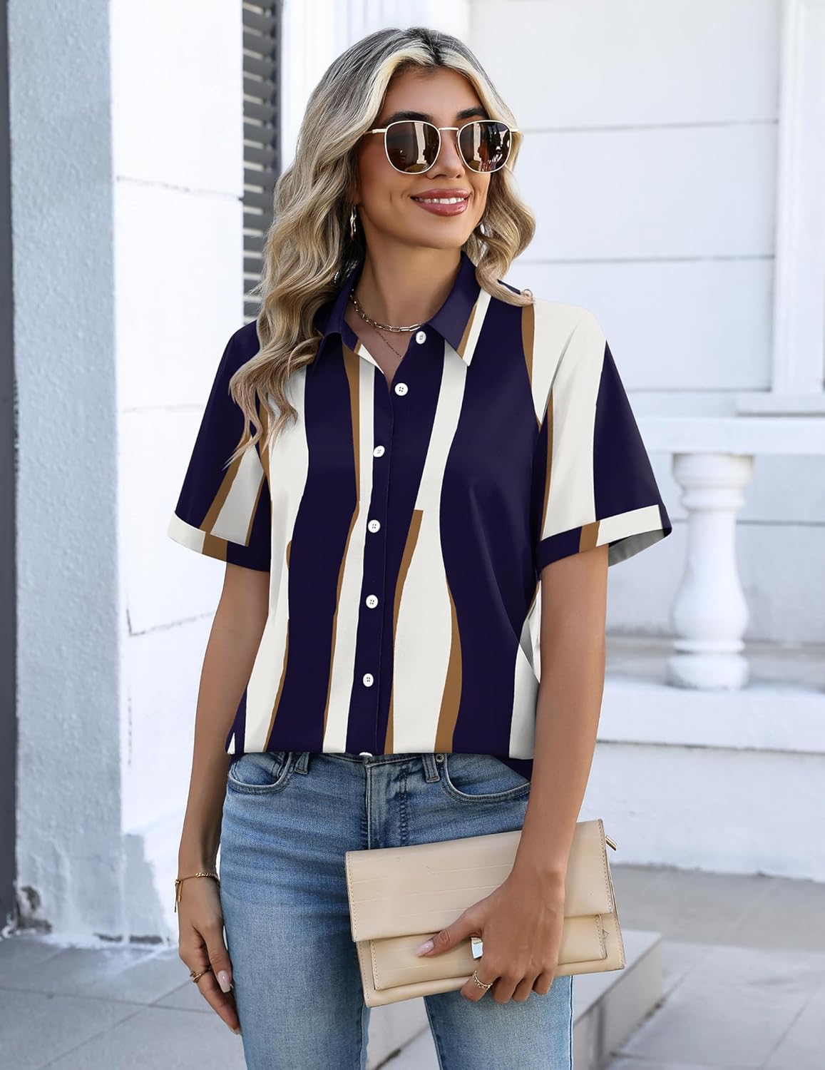Zeagoo Button Down Shirts for Women Short Sleeve Collared Tops Dressy Casual V Neck Blouses - Image 2