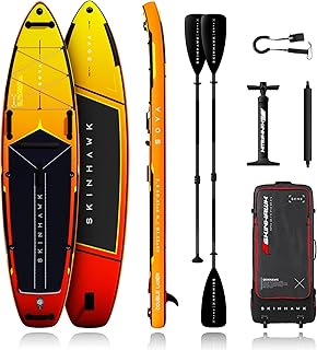SKINHAWK SOVA12 Premium SUP Board Set 366 cm – Aufblasbares Stand Up Paddle Board bis 180 kg – Fiberglas Paddel auch als Kajak Doppelpaddel – Doppelhubpumpe, Trolley Rucksack