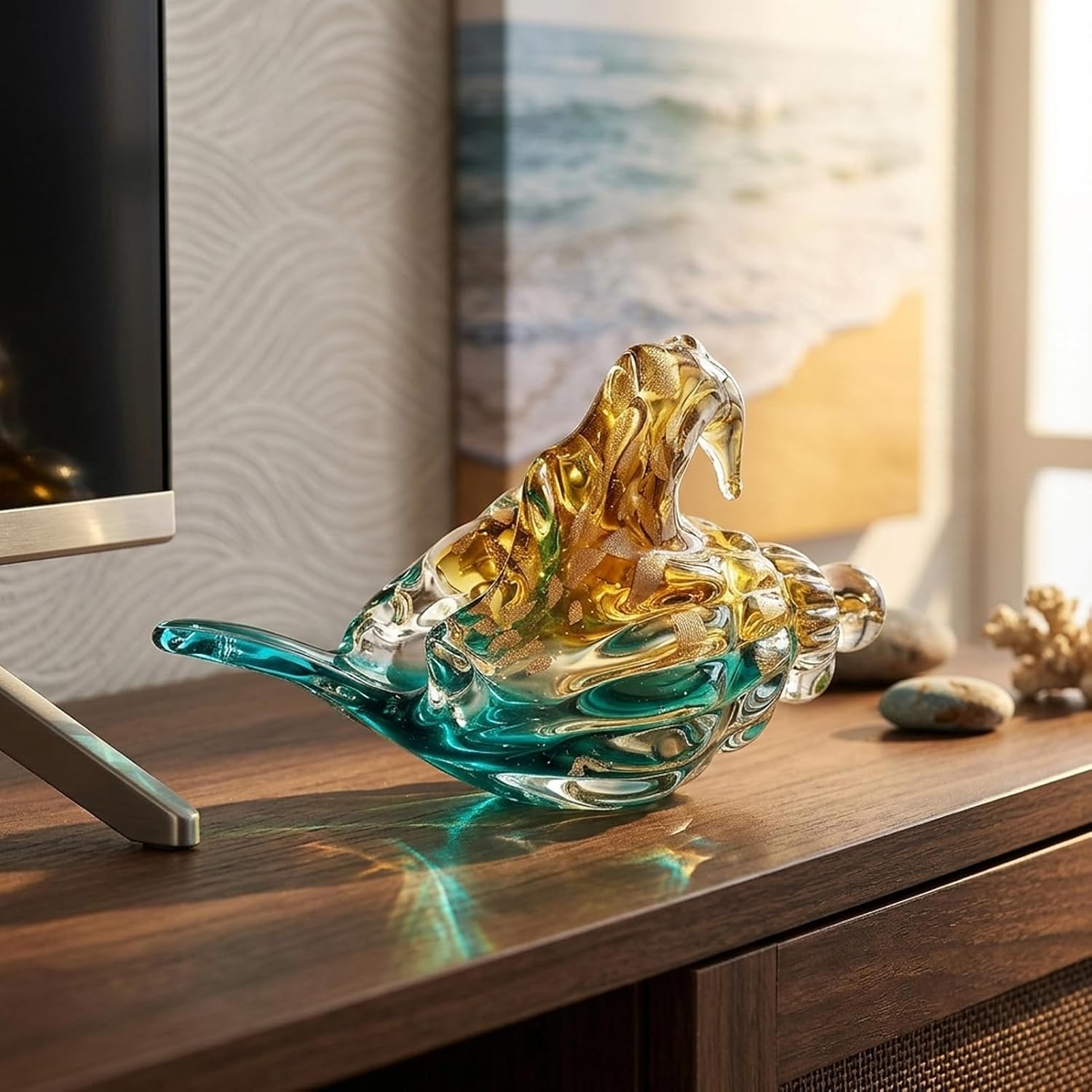 Hand Blown Sea Glass Decor Art - Large Glass Conch Shell, Beach Decorations for Home, Coastal Bathroom & Bedroom Shelf Decor, Ocean Themed Room Seashell, Unique Gift for Sea Lovers image 2
