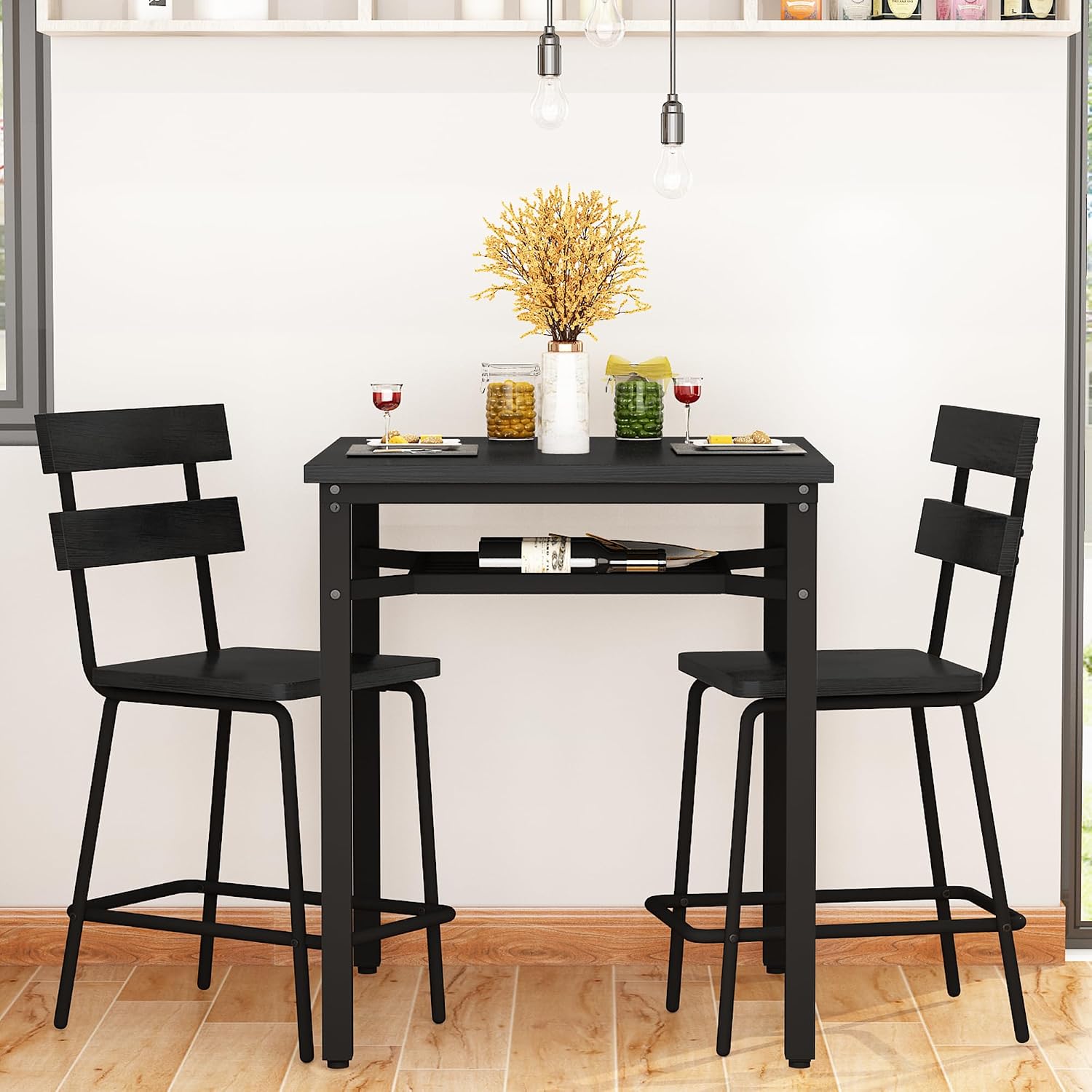 Hooseng 3 Piece Bar Table and Chairs Set, Counter Height Small Dining Table with 2 Bar Stools, Farmhouse Square Kitchen Table with Storage for Bistro, Pub, Small Space