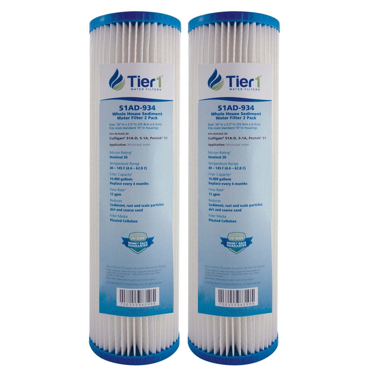 Tier120 Micron 10 Inch x 2.5 Inch | 2-Pack Pleated Cellulose Whole House Sediment Water Filter Replacement Cartridge | Compatible with American Plumber W20CLA, GE FXWPC, S1A-D, Home Water Filter