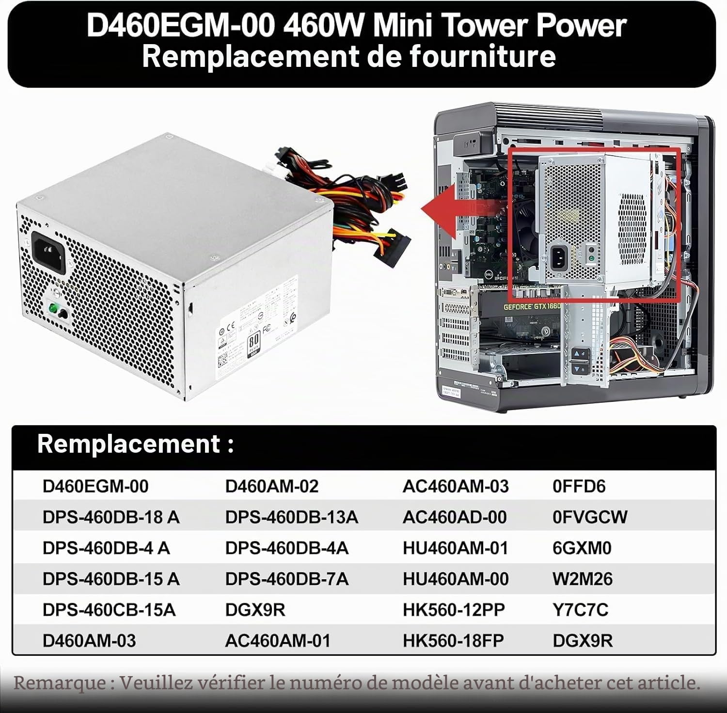 Alimentation de rechange D460EGM-00 460 W 0FFD6 HU460AM-01 compatible avec Dell Precision 3630 T3630 5680 T3640 T3650 Alien-Ware Aurora R7 R6 R5 remplace DPS-460DB-18 A HK5600 - Alimentation : 12 PP