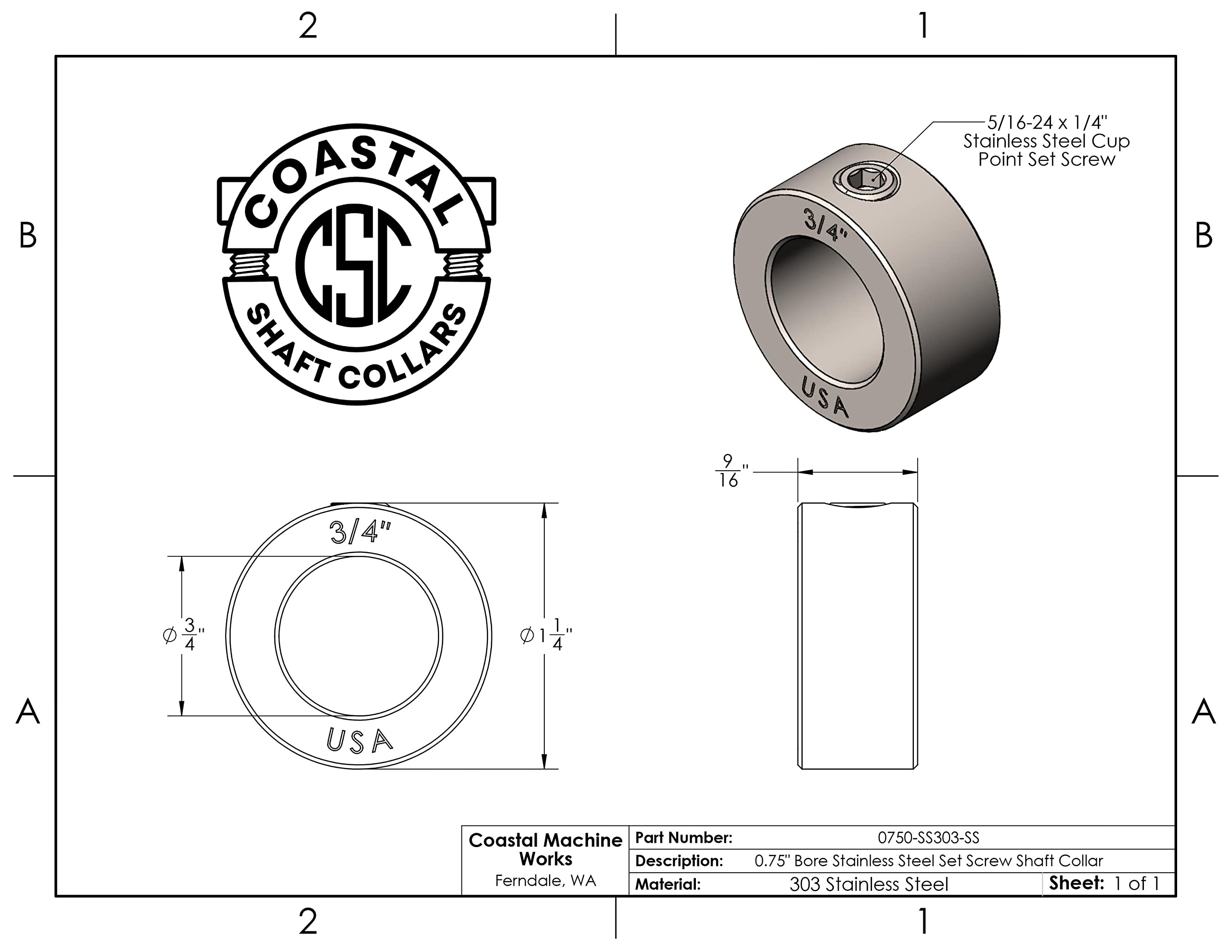 Diámetro del orificio de 0.75 pulgadas - Juego de collar del eje del tornillo - Acero inoxidable 303 (paquete de 4)