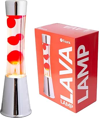 FISURA - Lavalampe rot. Silberner Sockel verchromte, transparente Flüssigkeit und rote Lava. Lavalampe mit Ersatzbirne. 11 x 11 x 39,5 zentimeter.