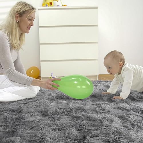 Miniatura 9 de Terrug Alfombra esponjosa para dormitorio, teñido anudado gris claro, alfombra de 3 x 5 pies para sala de estar, habitación de los niños, alfombra