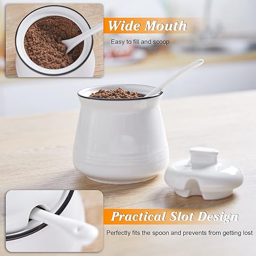 Miniatura 5 de Azucarera DAYYET con tapa y cuchara, azucarero de cerámica de 12 oz con cuchara, recipiente de azúcar para barra de café, tarro de azúcar con Blanco