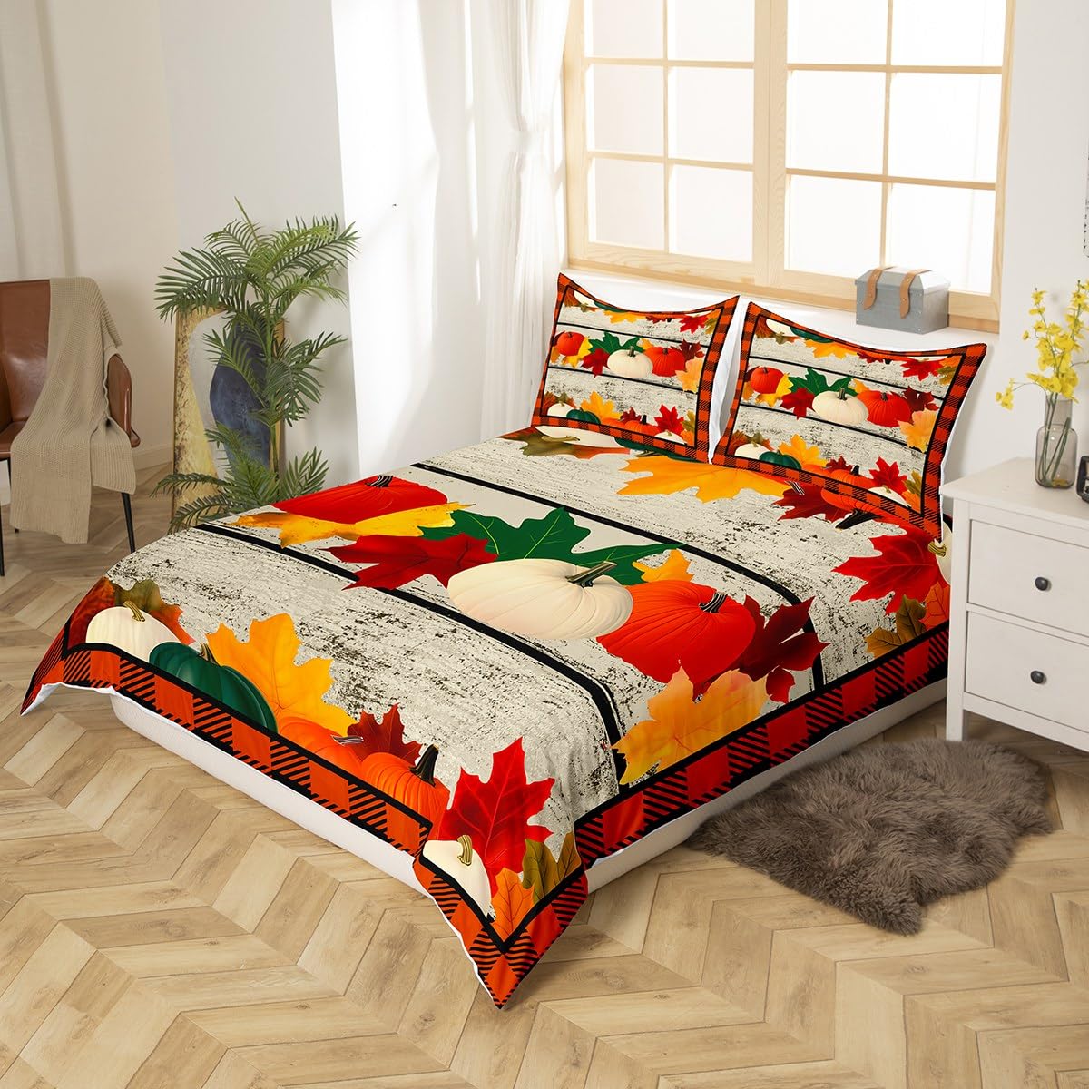 Pumpkin Bedding Duvet Cover Set Geometric Plaid Bedding Set Boys Girls Fall Pumpkin Festival Decor Comforter Cover Set Microfiber Thanksgiving Bedspread Cover Bedroom Bedclothes Twin Size