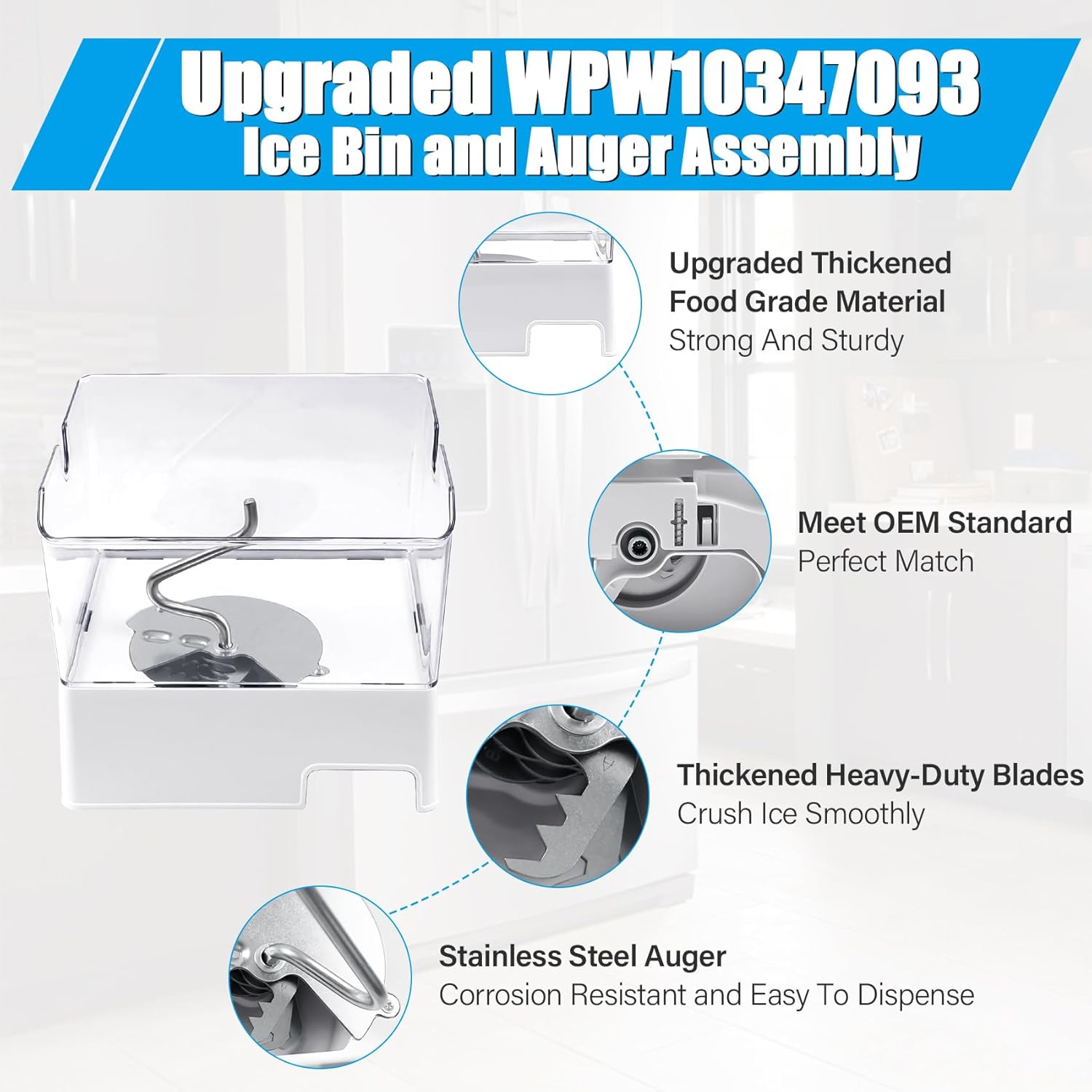 Upgraded WPW10347093 W10347093 Ice Bucket Compatible with Whirlpool Ice Maker, Refrigerator Ice Container Assembly Removable Ice Bin Replacement Parts for W10347100, AP6020018, 2311097, PS11753329