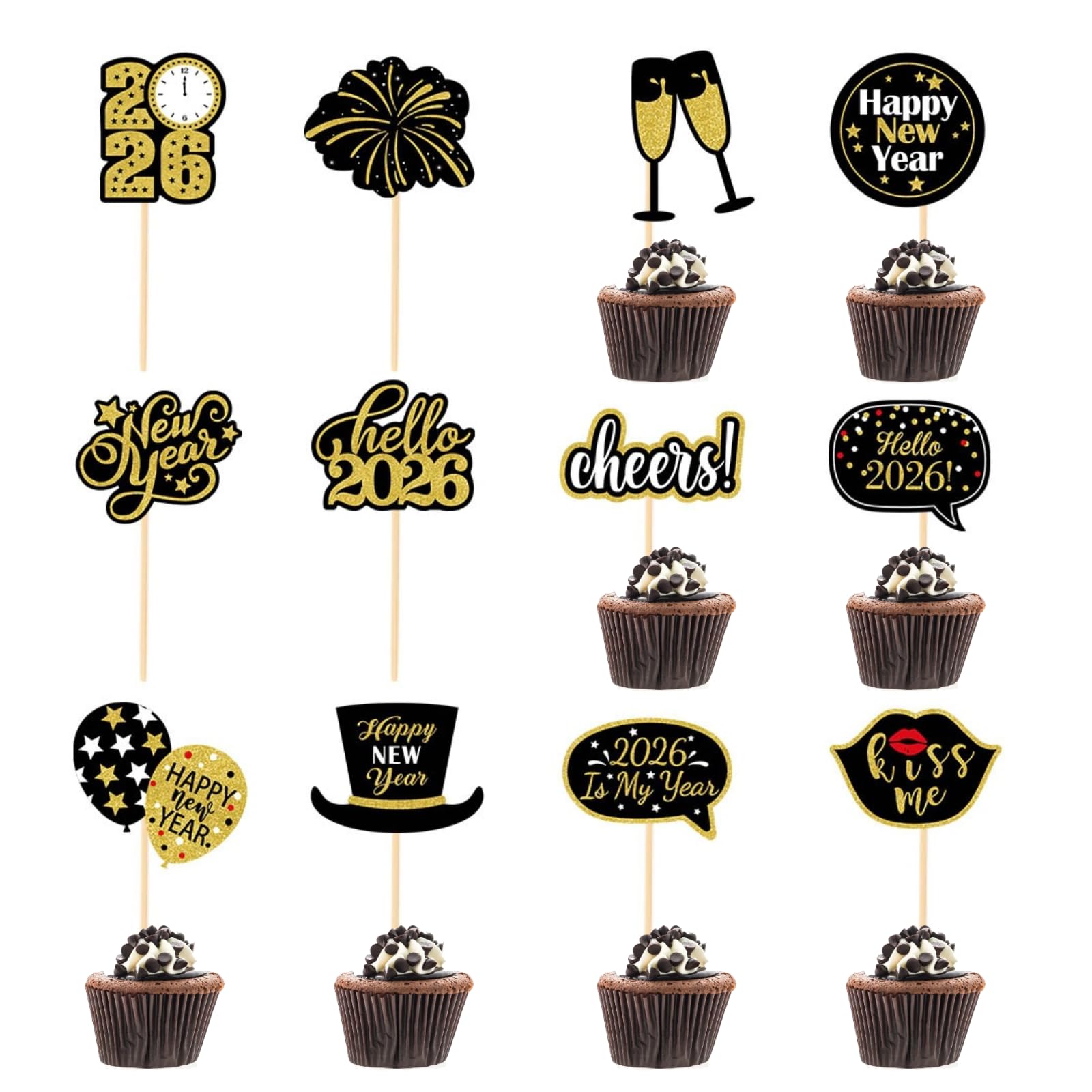 Gyufise 30 Topper Per Cupcake Capodanno 2025 – Stuzzicadenti Decorativi Con Scritta "Hello 2025", Orologio E Fuochi D'Artificio, Argento