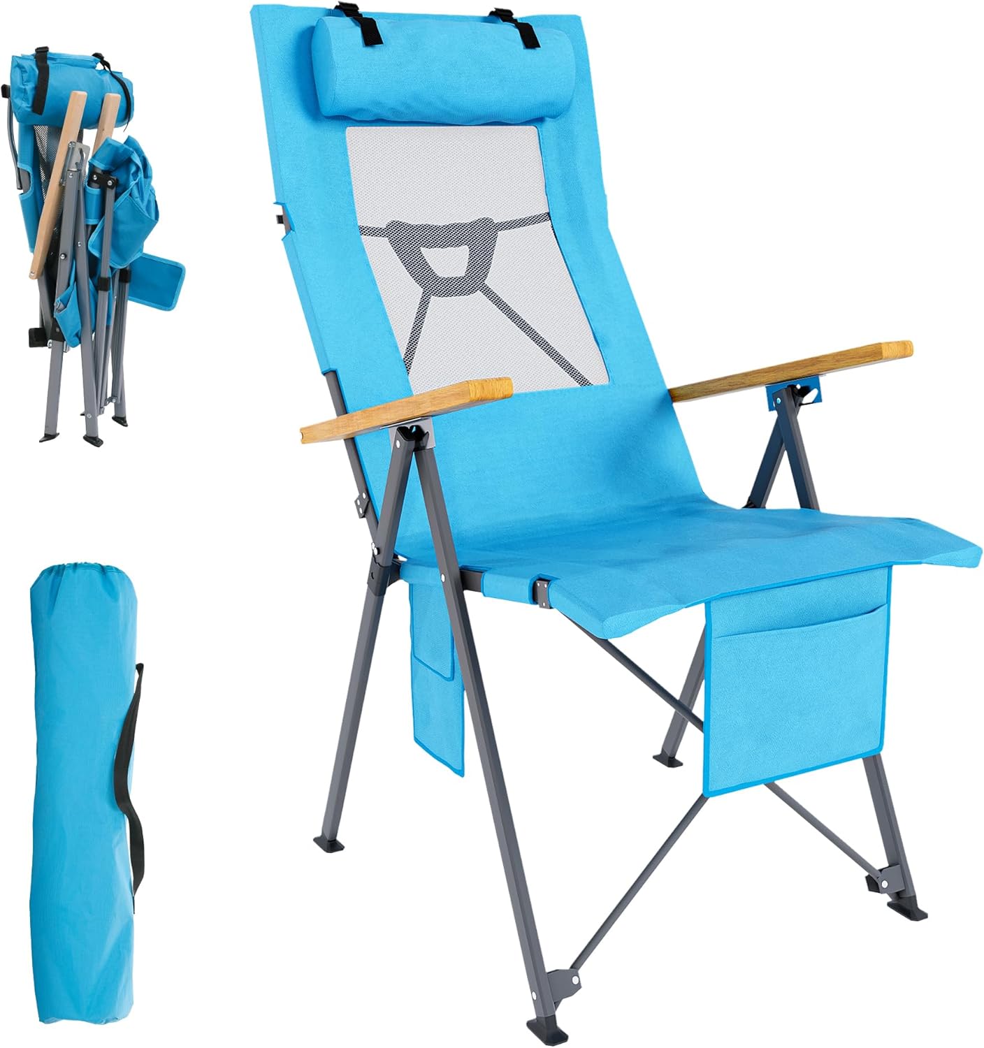 Camping Folding Chair with Hard Wood Armrest & Reclining High Back, Cup Holder