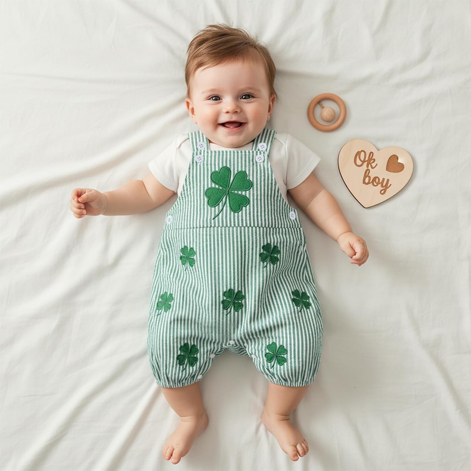 Baby Boy St. Patrick's Day Outfit Shamrock Embroidery Bubble Romper Striped Sleeveless Onesie Newborn Boy Clothes - Image 4