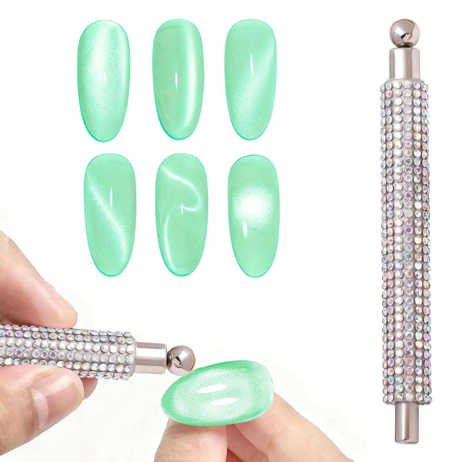 WOKOTO 3 In 1 Cylinder And Bead Cat Eye Magnet For Nails, Full Rhinestone Handle Cylinder Nail Magnet With Round Magnetic Bead Magnet For Cat Eye Gel Polish Magnet For Magnetic Nails Home DIY Salon