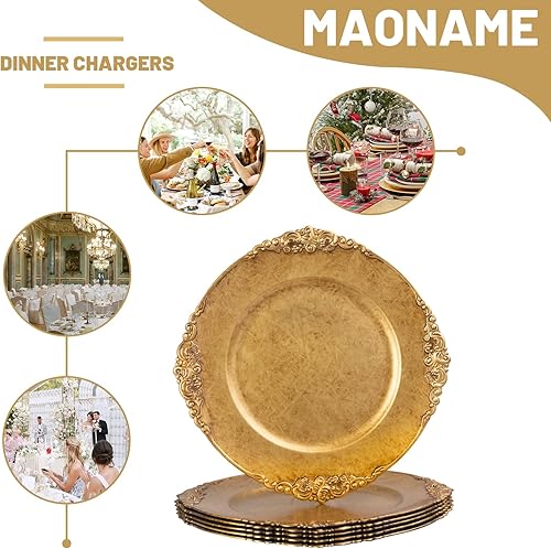 Miniatura 7 de MAONAME Platos de carga dorados antiguos, cargadores redondos de platos antiguos para plato de cena, cargador de plástico de 13 pulgadas para