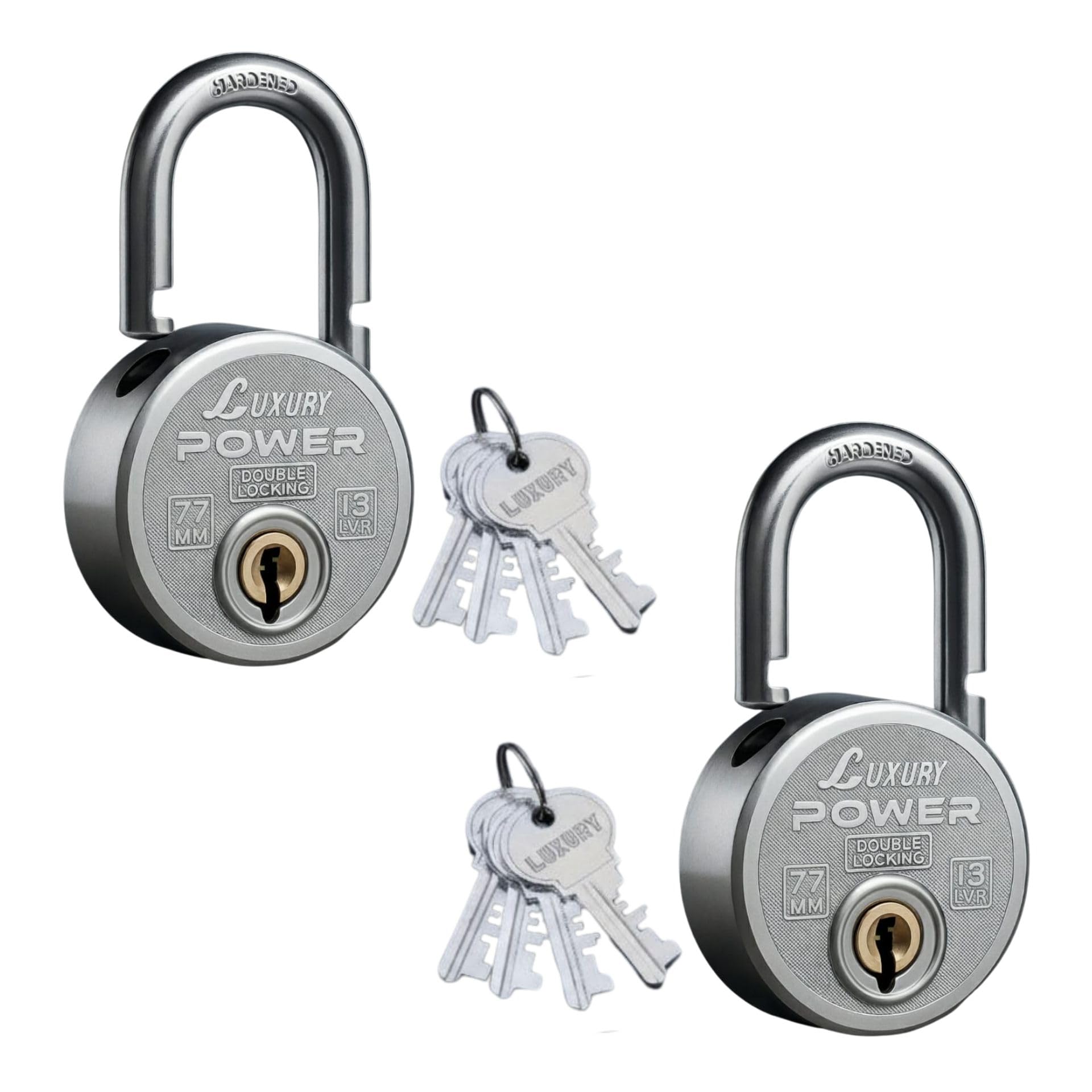 Luxury Power Round Padlock 77mm 4 Keys, 13 Steel Levers Double Locking, Strong Hardened Corrosion Resistant Shackle Lock and Keys for Home Door Shutter Shop Office Main Gate Silver Finish Pack of 2-image-38