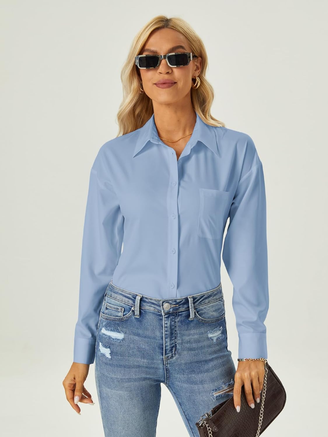 Womens Button Down Dress Shirts Long Sleeve Wrinkle Free Blouses Work Office Shirt with Pocket - Image 5