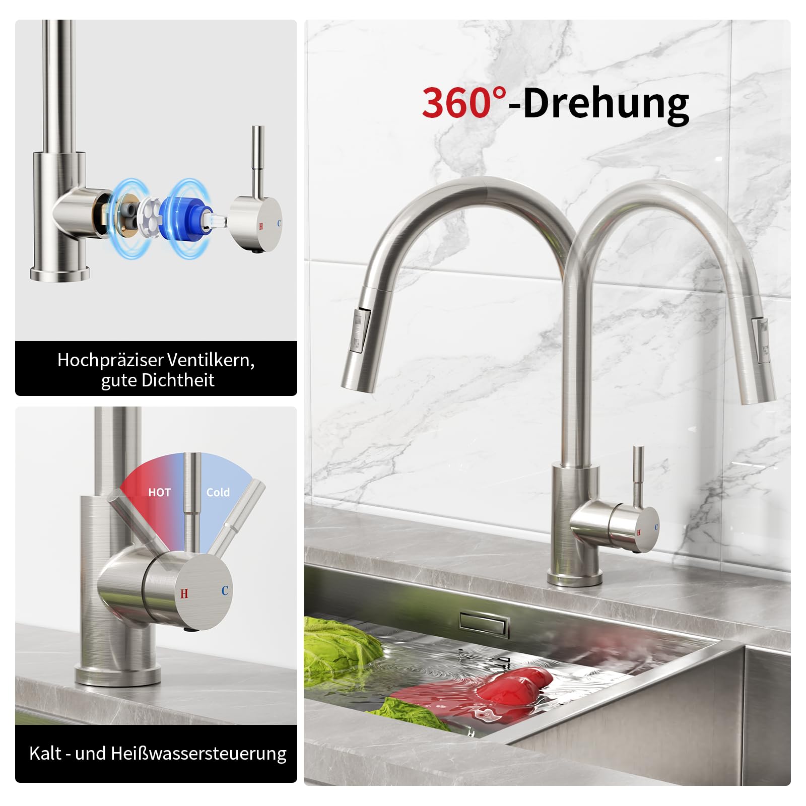 Rainsworth Wasserhahn Küche mit Brause Ausziehbar - Hochdruck Küchenarmatur mit Zwei Wasserstrahlarten, Spültischarmatur 360° Drehung, Mischbatterie Küche aus Edelstahl Einfache Installation