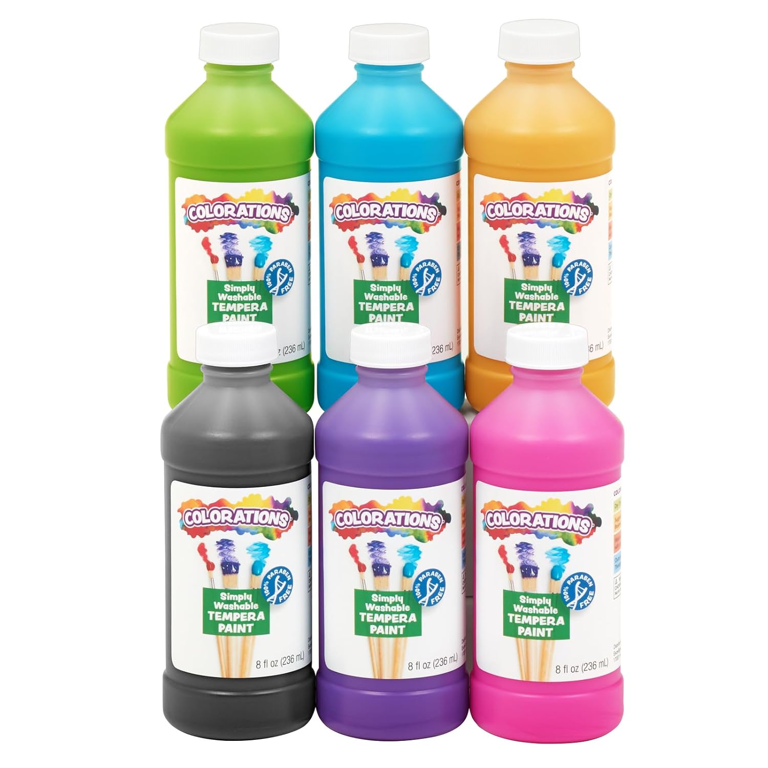 Colorations Paraben-Free Washable Tempera Paint for Kids - 8 Ounce Bottles, Set of 6 Primary Colors, Non-Toxic and Made in The USA