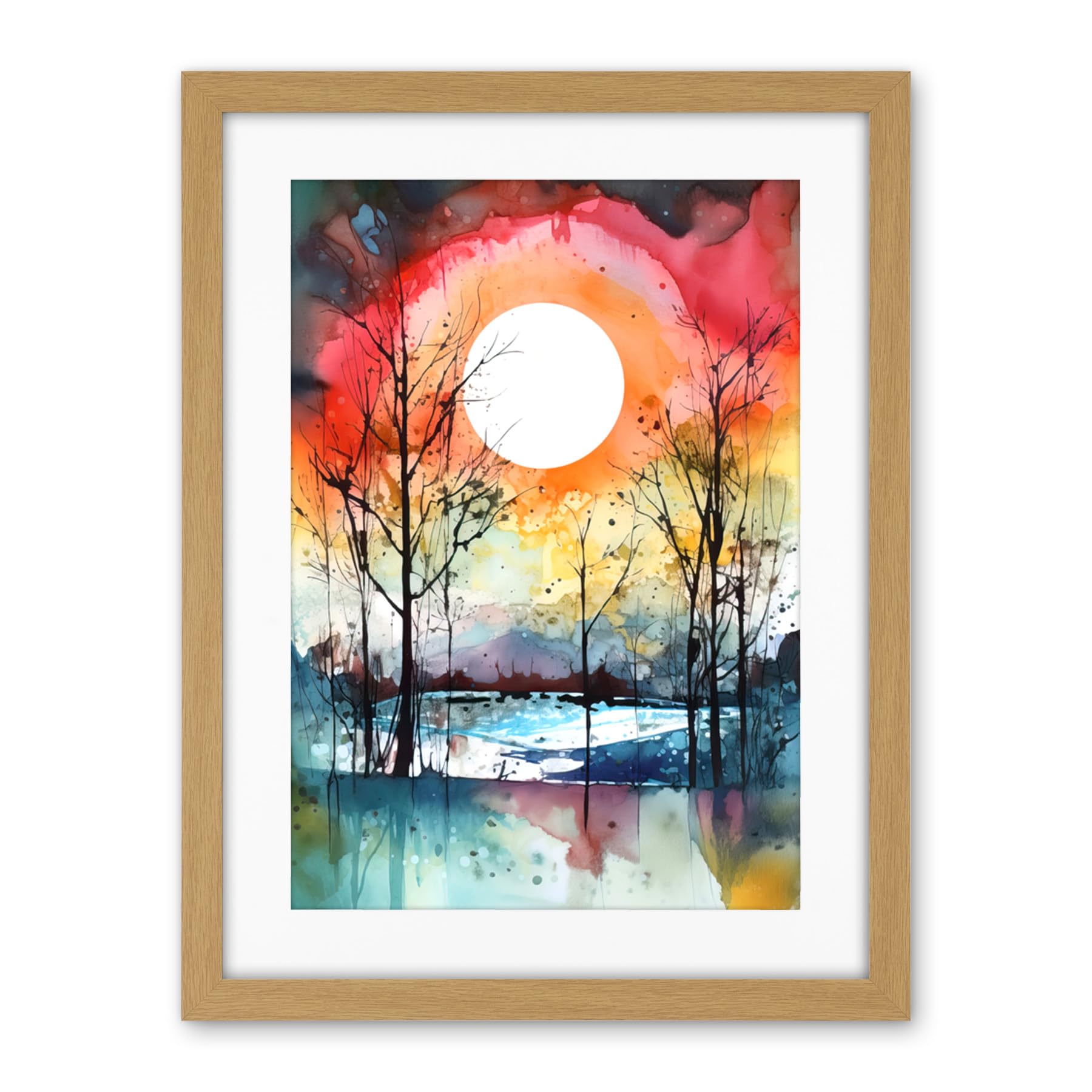 Artery8 Abstract Sunset Landscape Watercolour Painting Countryside Lake Autumn Trees Artwork Framed Wall Art Print 18X24 Inch