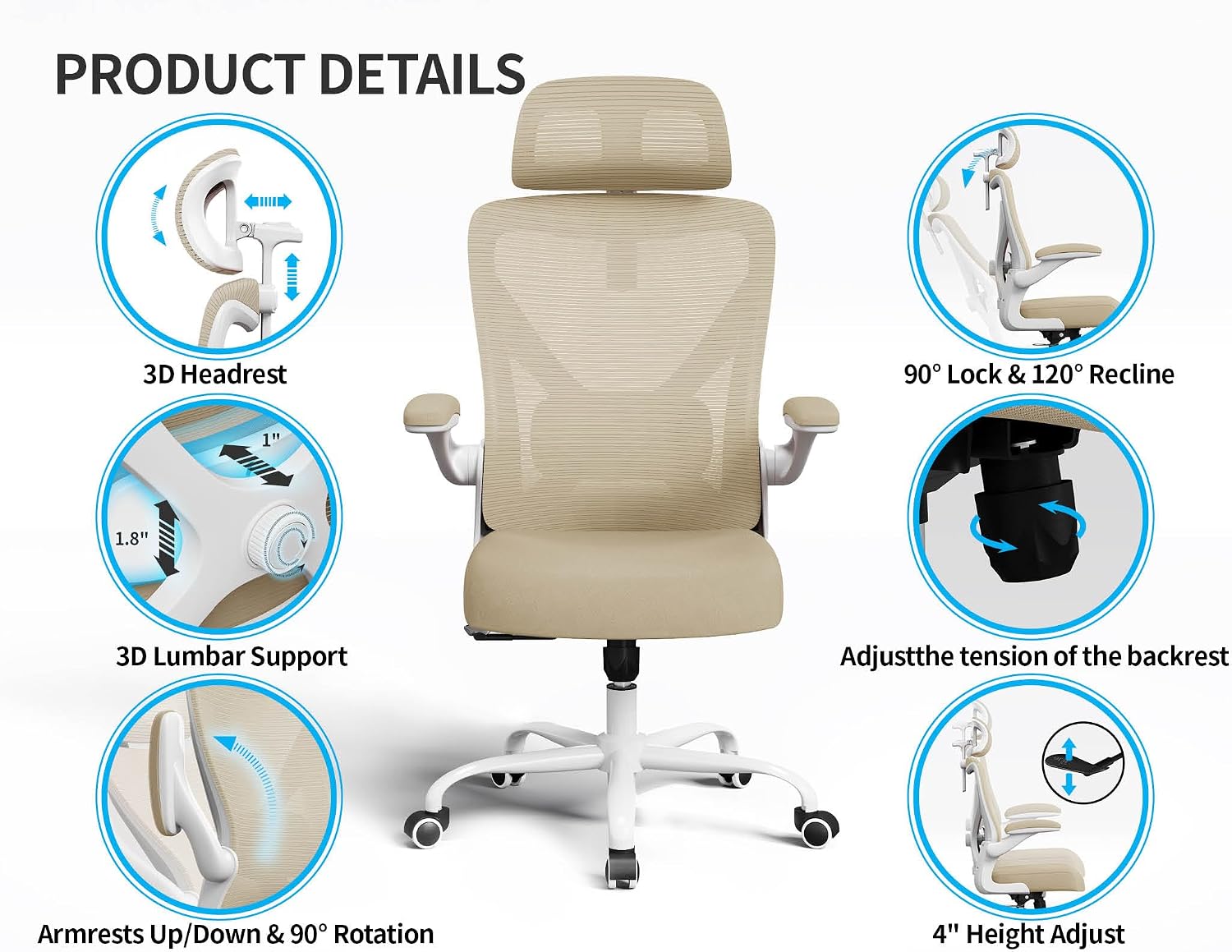 Ergonomic Office Chair - Mesh Desk Chair with Adjustable Lumbar Support High Back Computer Gaming Chairs - Big and Tall Office Chairs Adults, Comfortable for Long Hours, Beige - 6