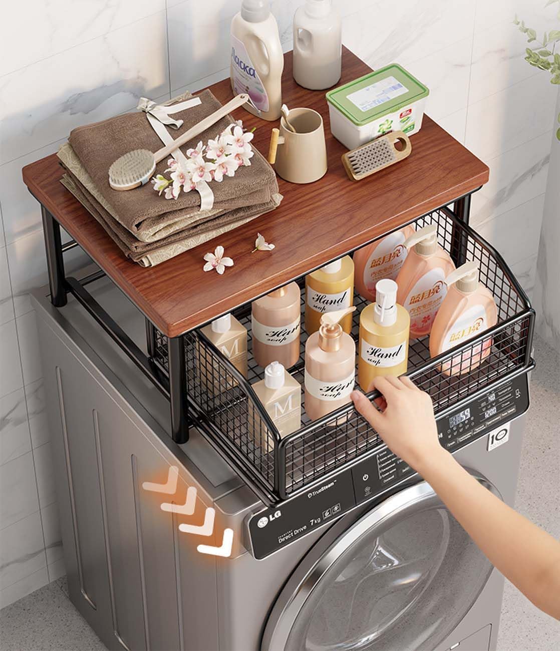 Kitchen Countertop Organizer with Drawers & Wire Basket, Shelf with Drawer for Kitchen Counter, Sturdy Hardwood Shelf, Space-Saving for Coffee Maker, Kitchenware (Natural-Black,Double)