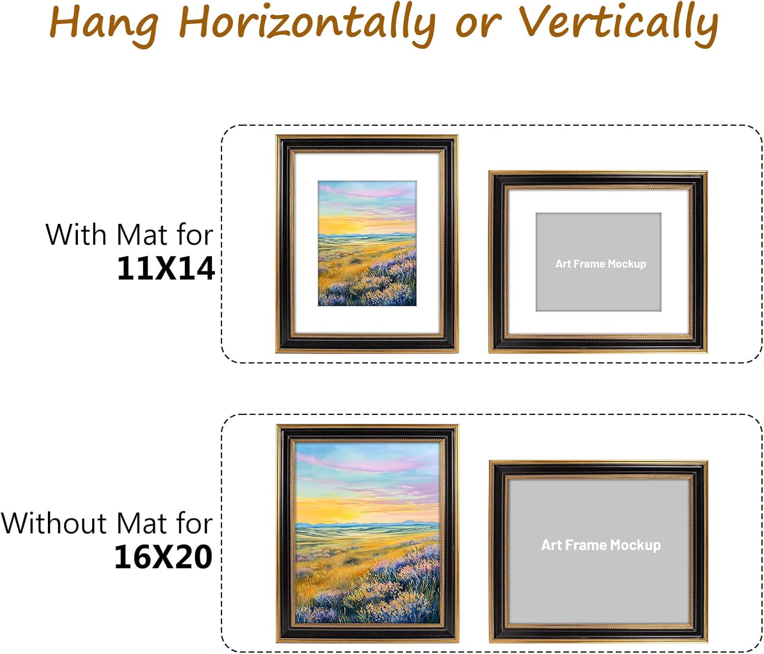 Golden State Art, 16x20 Photo Frame with White Mat for 11x14 Picture, HD Real Glass Front Wall Mounting (Color: Ornate Gold/Black)