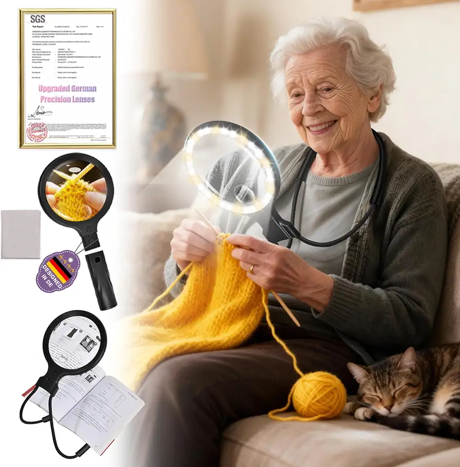 5.0 Upgraded Magnifying Glass Hand Free【12X German Ultra-HD Lens】【Cloud Sponge Neck Protection】 3 Smart Mode Light, All-Purpose Magnifying for Reading, Cross Stitch, Craft Seniors Use (Black)