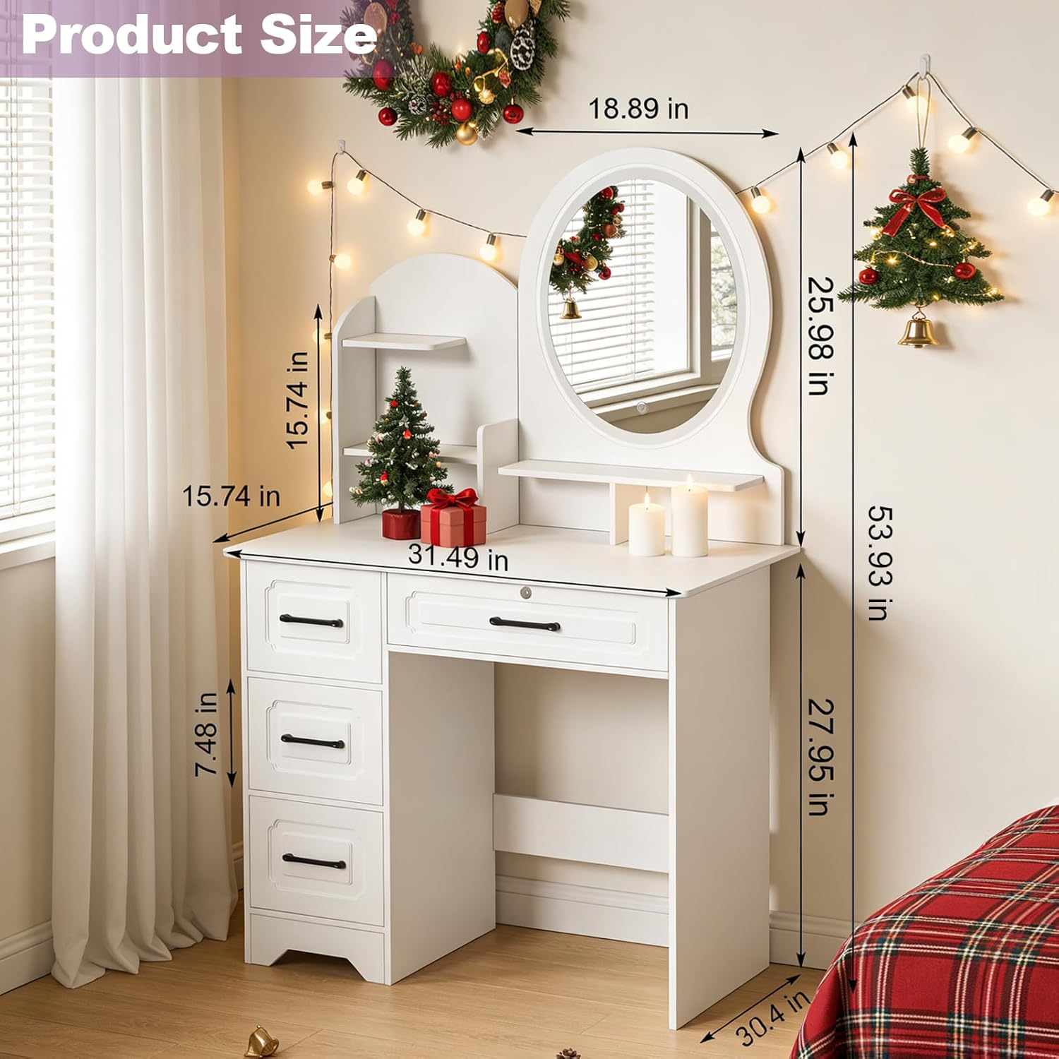 Vanity Dressing Table with Adjustable Lights and Mirror, Vanity Makeup Desk with 4 Drawers &Open Shelves for Bedroom Girls Gift on Valentine's Day Mother's Day Small Vanity Desk White