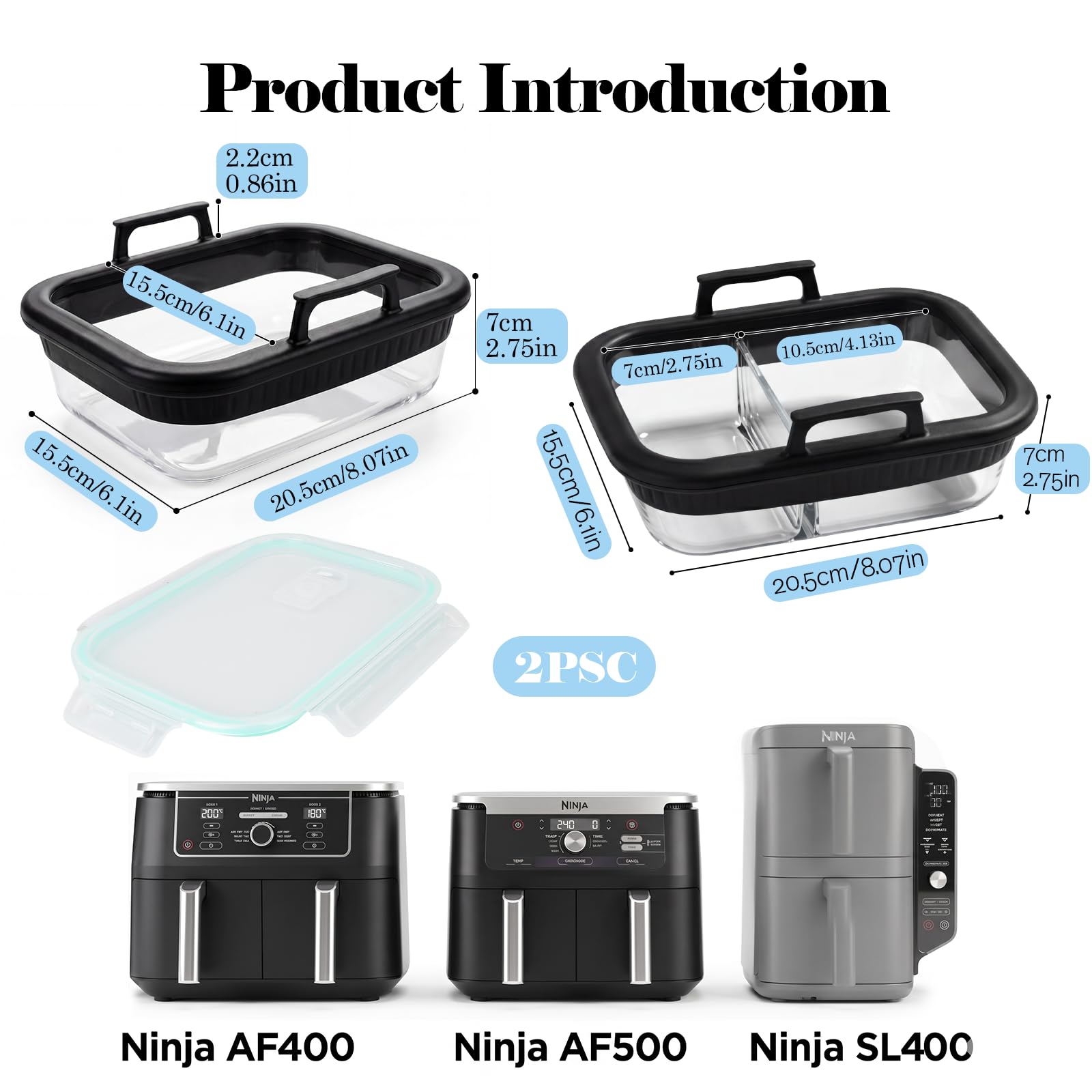 2 moldes para horno Ninja AF400EU/DZ400EU/AF500EU/COSORI, accesorios de cristal con tapa, molde de cristal sin BPA para freidora de aire caliente, 2 cámaras, anillo de silicona extraíble de 20 x 15 x