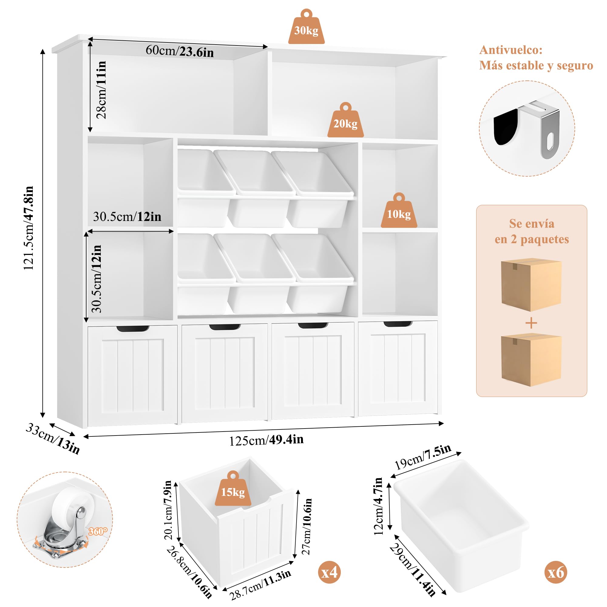 FOREHILL Mueble Infantil, 6 Cajones de Plástico Extraíbles 6 Compartimentos | Estantería Infantil, Mueble Juguetes Organizador 4 Cajones con Ruedas, para Habitación Infantil 125An.x33F.x121.5Al.cm