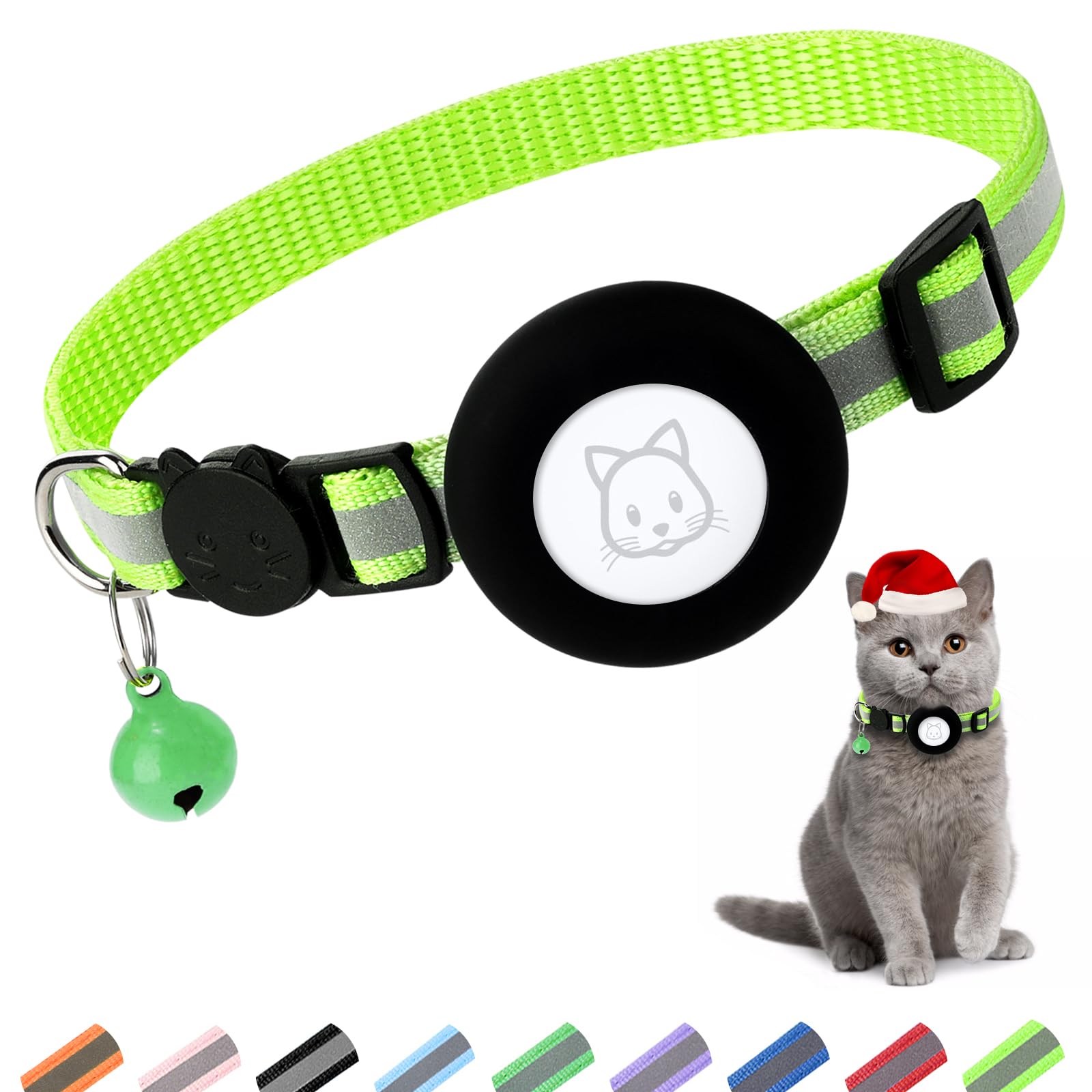 Airtag Cat Collar With Bell and Safety Buckle - 3/8" Width, Reflective, Waterproof Holder Compatible With Apple Airtag for Cat, Dog, Kitten, Puppy (Light Green) — image 1
