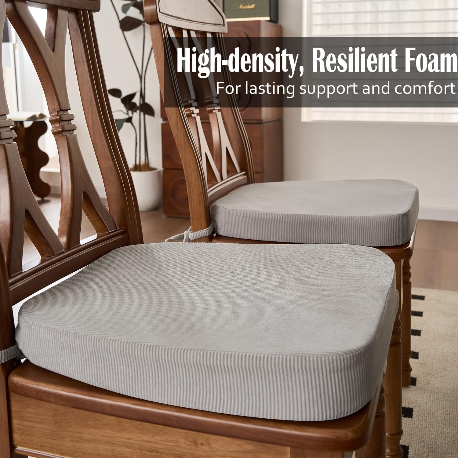 Nobildonna 2'' Thick High-Density Foam Indoor Chair Cushions | Dining Chair Pads with Ties, Removable Washable Cover, Kitchen Chair Cushions 17"x16",Light Gray 4 Pack