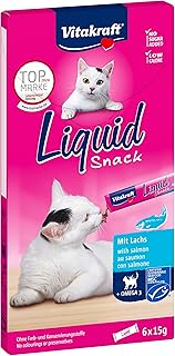 Vitakraft Liquid Snack, snack gatto liquidi, con salmone MSC, leccornia per cani, con acidi grassi omega 3, per una pelle sana, a ridotto contenuto calorico (1 confezione con 6x 85g)