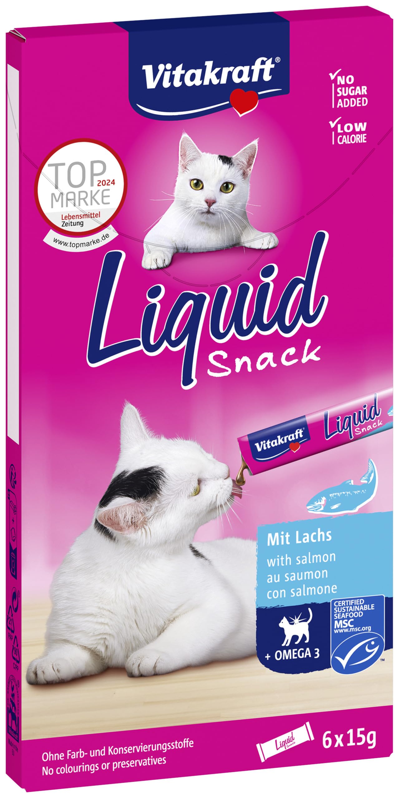 Vitakraft Liquid Snack, Katzen Leckerli, Katzensnack cremig, mit Lachs und Omega 3 Fettsäuren, in einzelnen Sachets, für gesunde Haut (1 Paket mit 6x 15g)