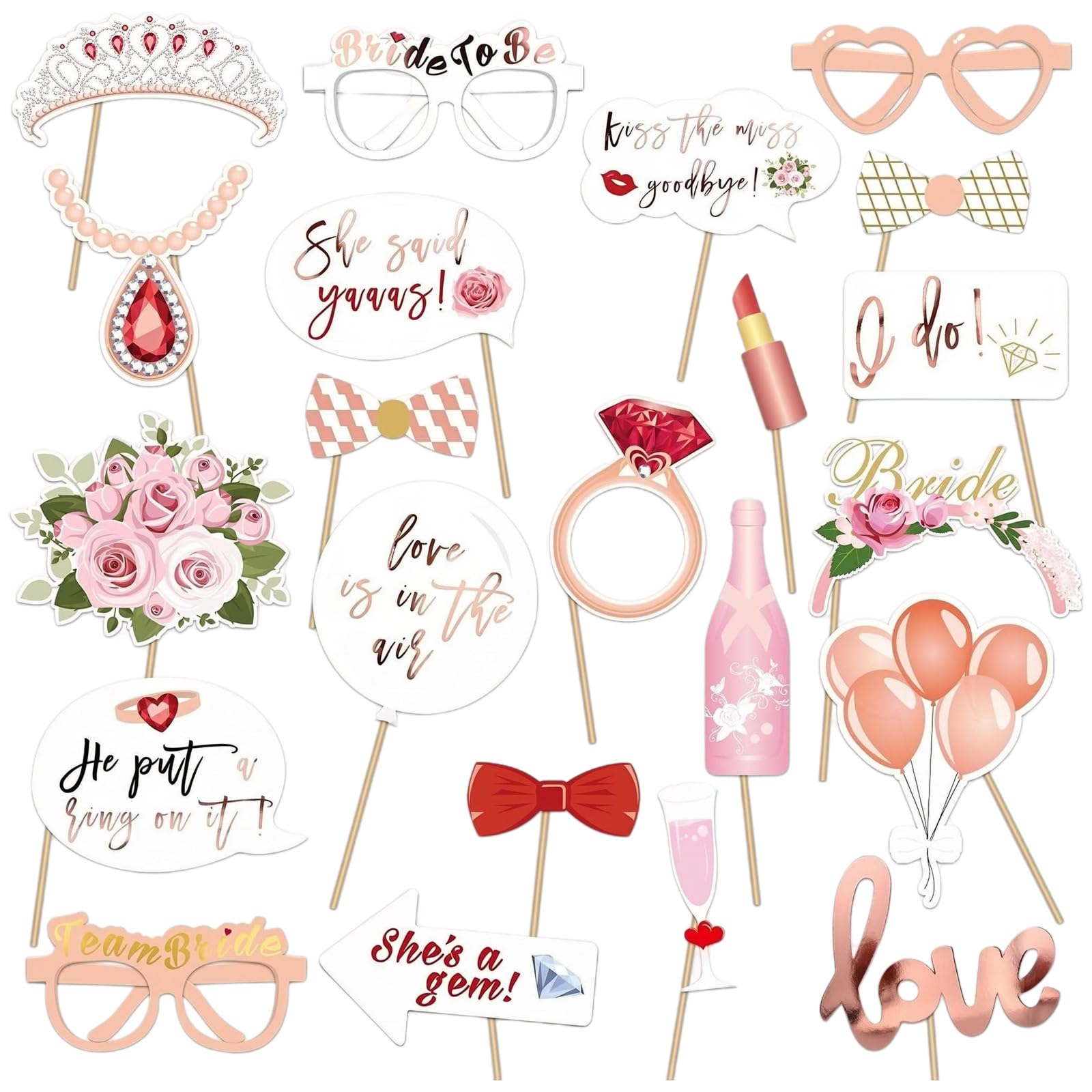 23Pcs Rose Gold Hen Party Photo Booth Props - Team Bride Selfie Props for Wedding Bridal Shower Bachelorette Party,Glitter Cardstock Hen Night Photo Booth Accessories with Sticks