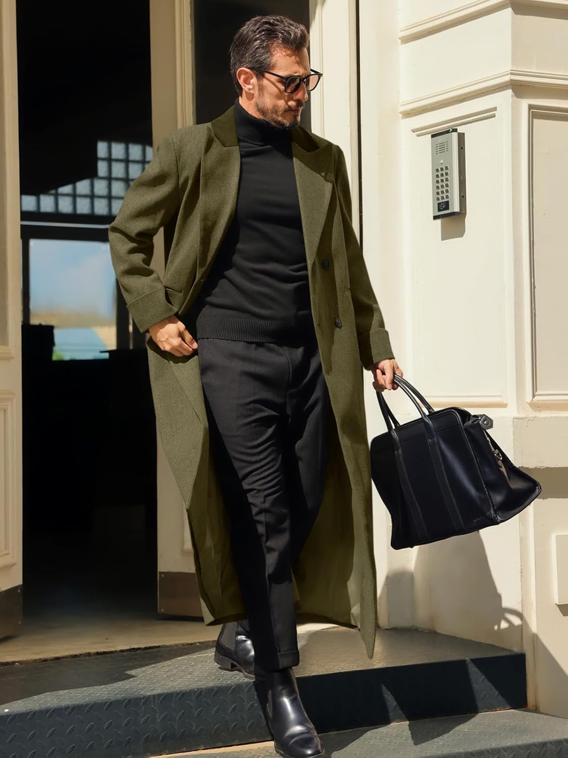 Stylish Man in Full-Length Olive Trench Coat