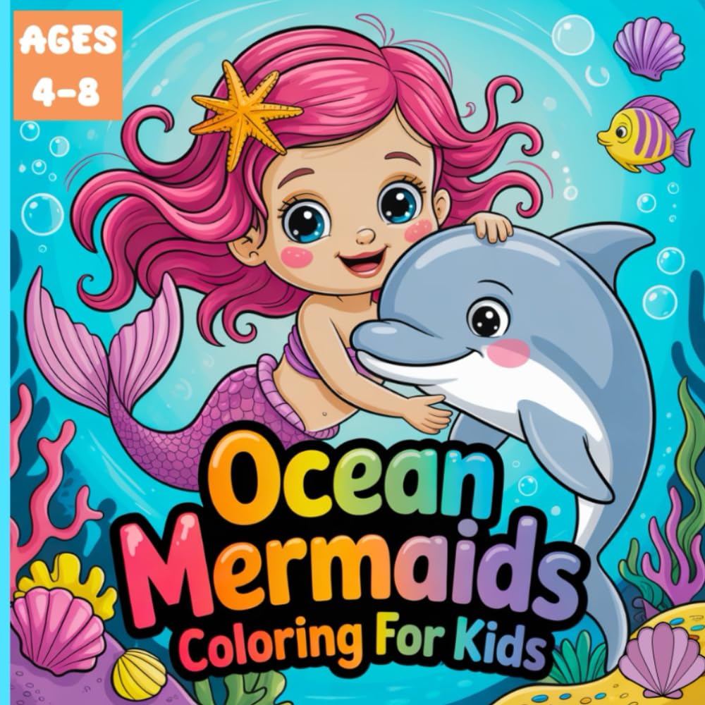 Ocean Mermaids Coloring for Kids: 50 magical coloring page with cute mermaids and ocean friends for Ages 4 to 8
