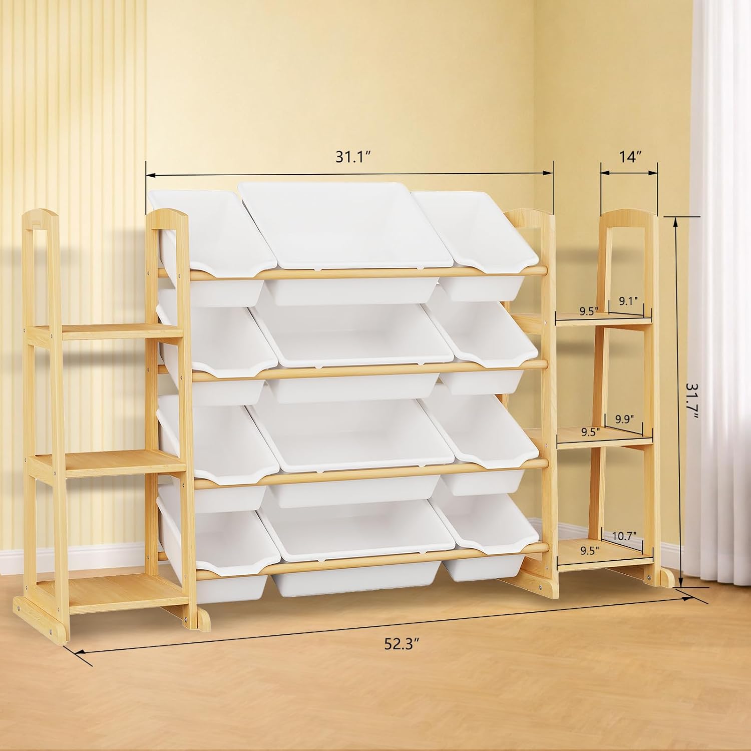 Toy Storage Organizer with Bookshelf – Wooden Toy Organizer with 12 Toy Bins & 6 Tier Bookcase,Quick Assembly Kids Bookshelf,Toy Bin for Playroom, Bedroom, Nursery– White W52.3''12 Bins & 6 Shelves White