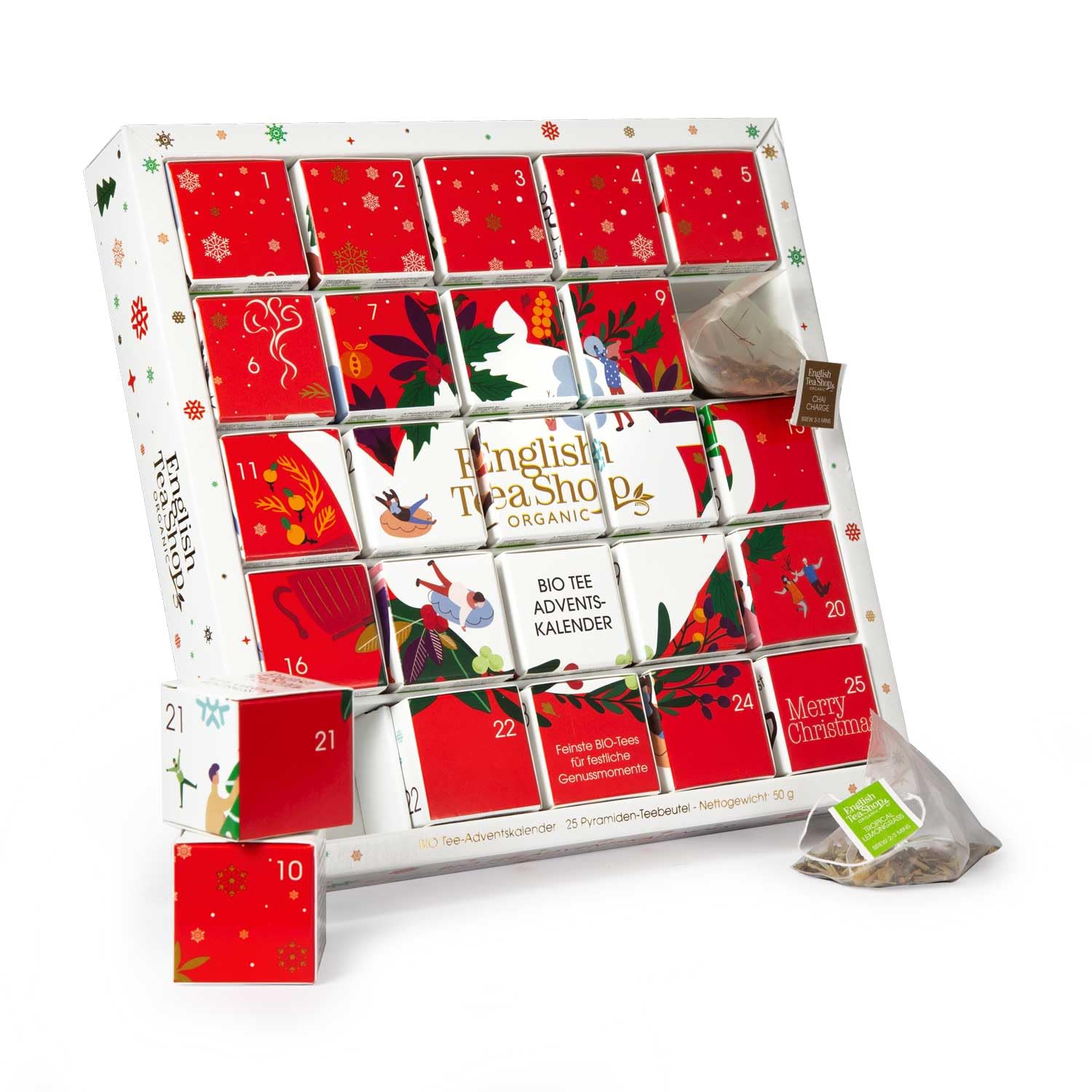 ETS - Puzzle Tee Adventskalender Red Christmas 25 x BIO Tees en Pyramidenbeuteln Früchte Kräuter und Gewürztee