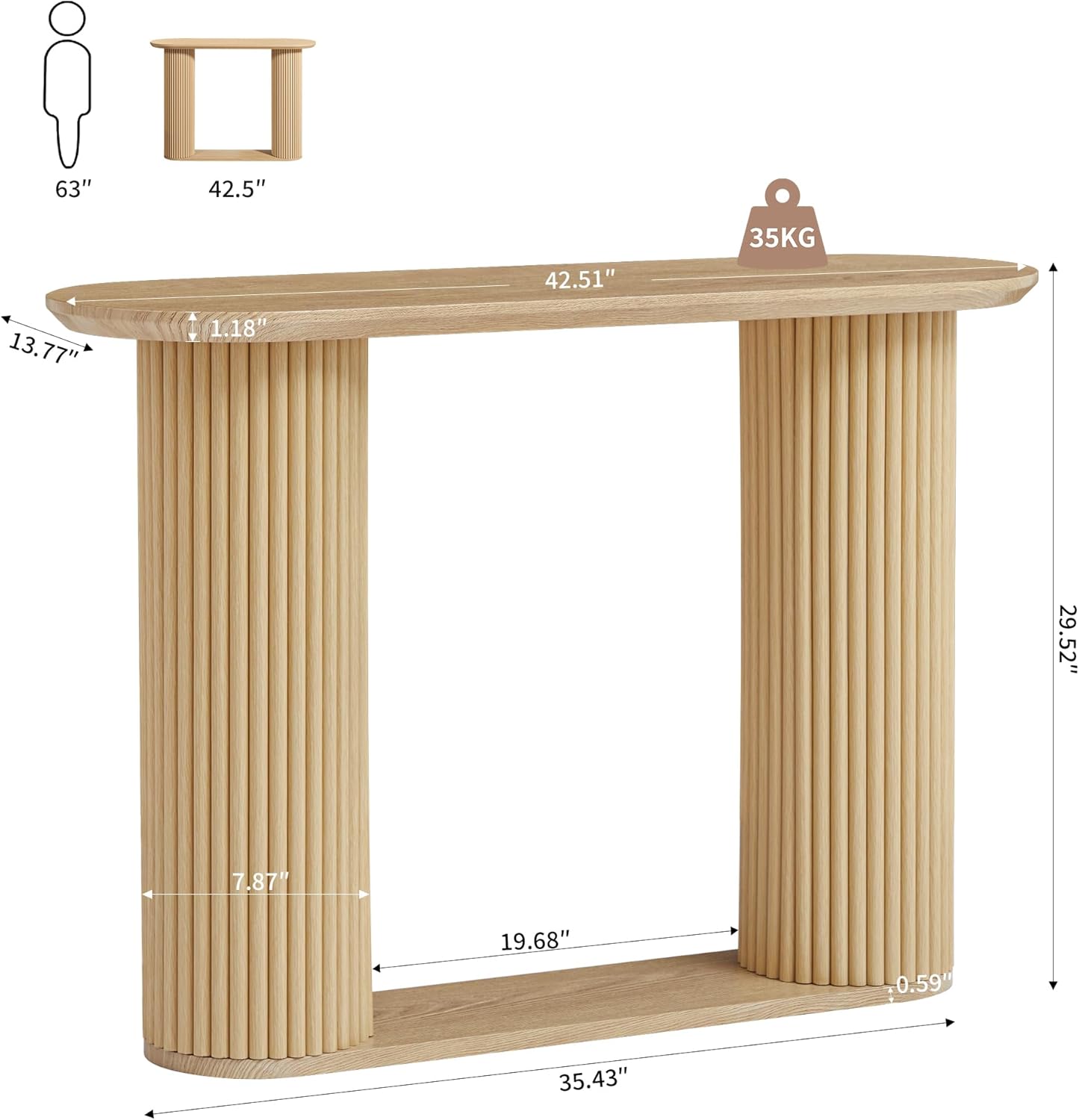 fluted console table close-up of curved oval top and wood grain