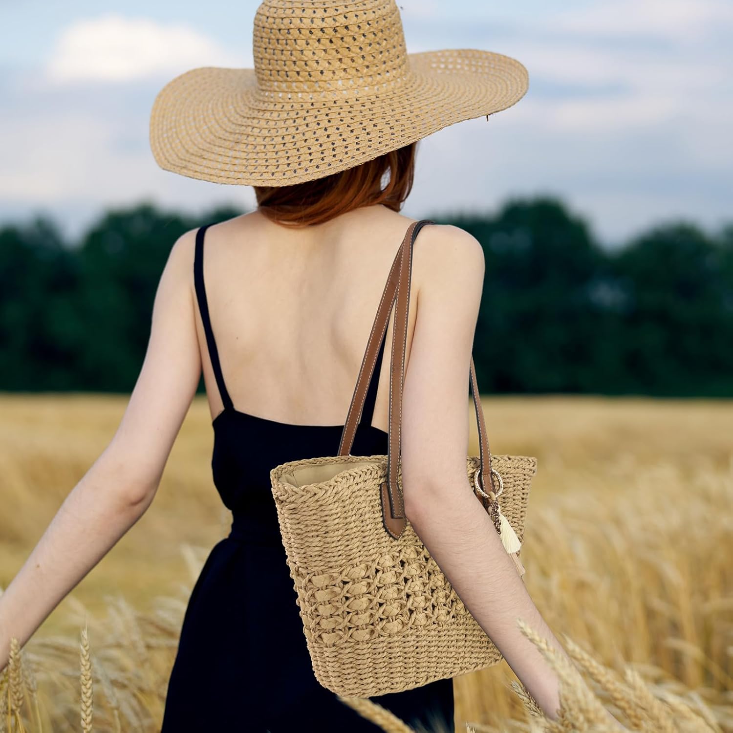 RUNROLE Straw Purse with Tassel Hat Clip, Beach Bag for Women, Handmade Large Woven Purse, Summer Raffia Tote Shoulder Bag - Image 7