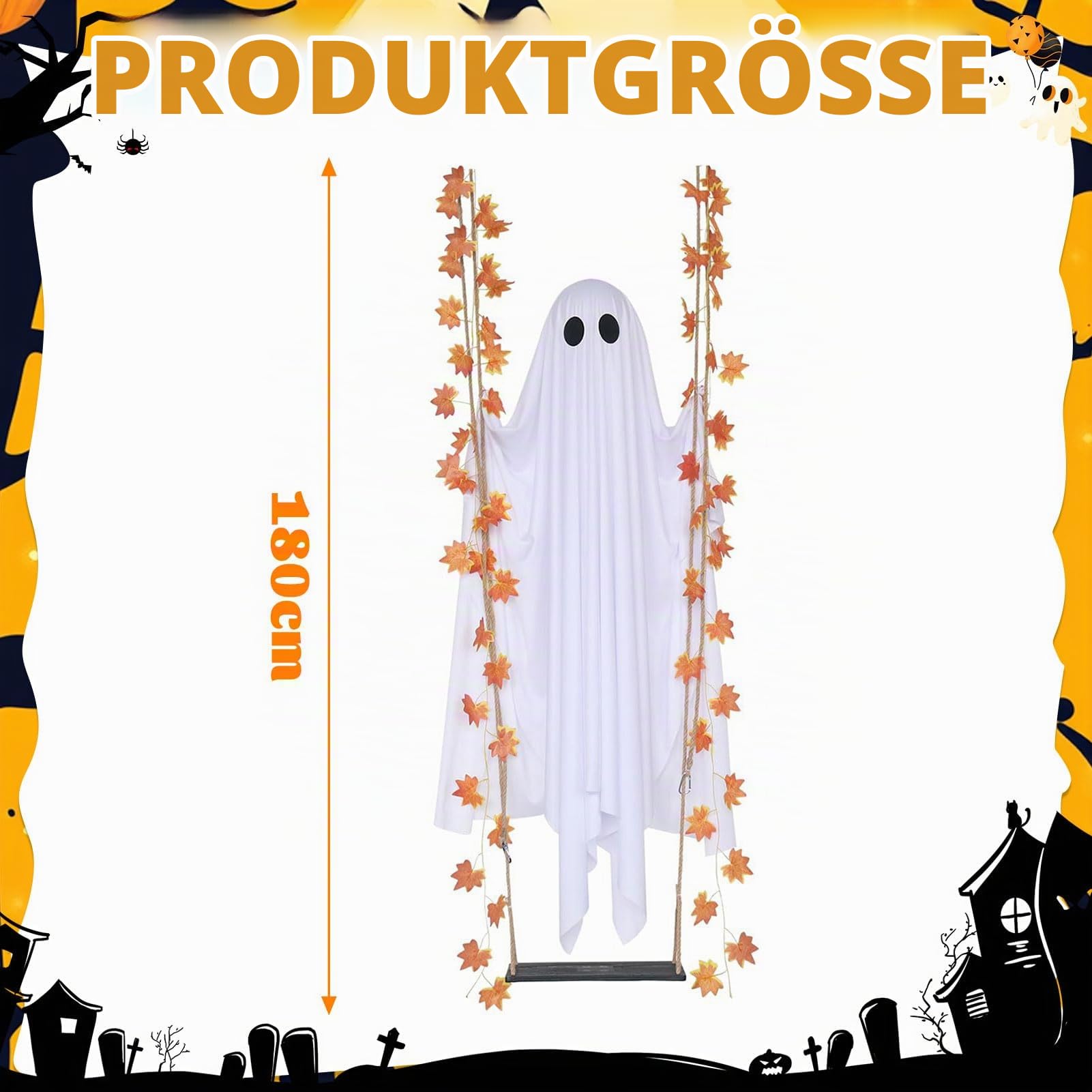 Halloween Deko Hängende LED Geist Schaukel Gespenst mit Ahornblatt (1.8m)