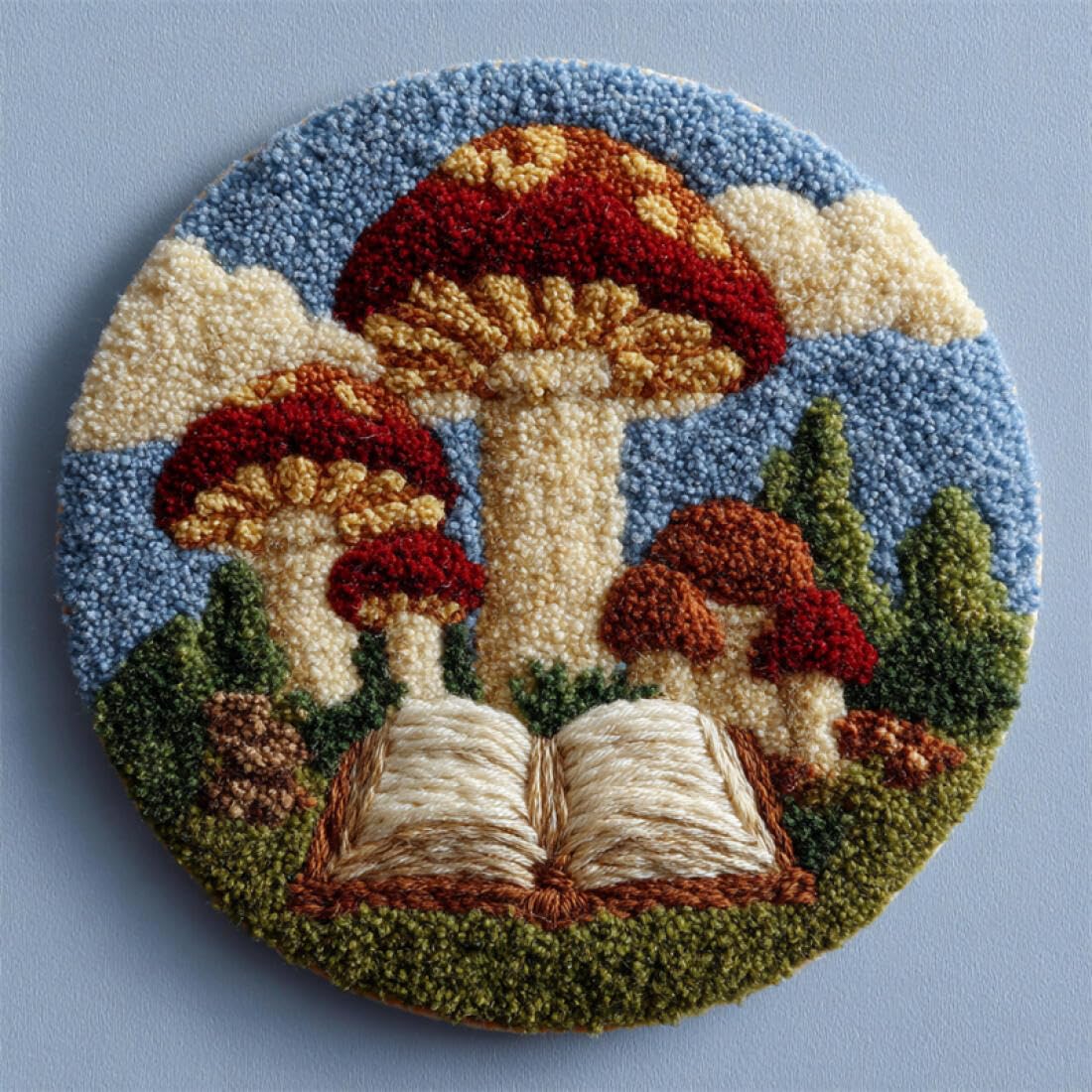 Rqwybcaxn DIY Latch Hook Rug Making Kits for the Elderly Embroidery Set Cartoon Mushrooms and Books 100x100cm Round Tapestry with Crochet Hook Hallway Craft Gift