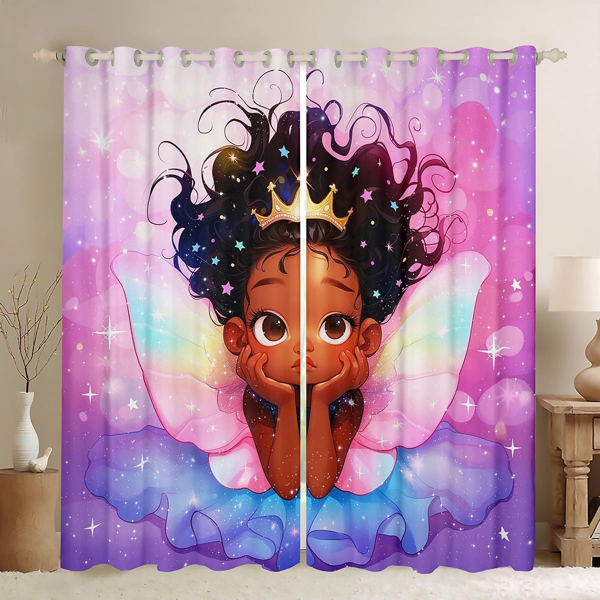 Cute Girl Blackout Curtain Black Princess with Wings Window Treatments, Pink Purple Glitter Galaxy Window Drapes for Kids Women Room Decor, Grommet Top 2 Panel Set Bedroom Curtains, 42Wx90L inch