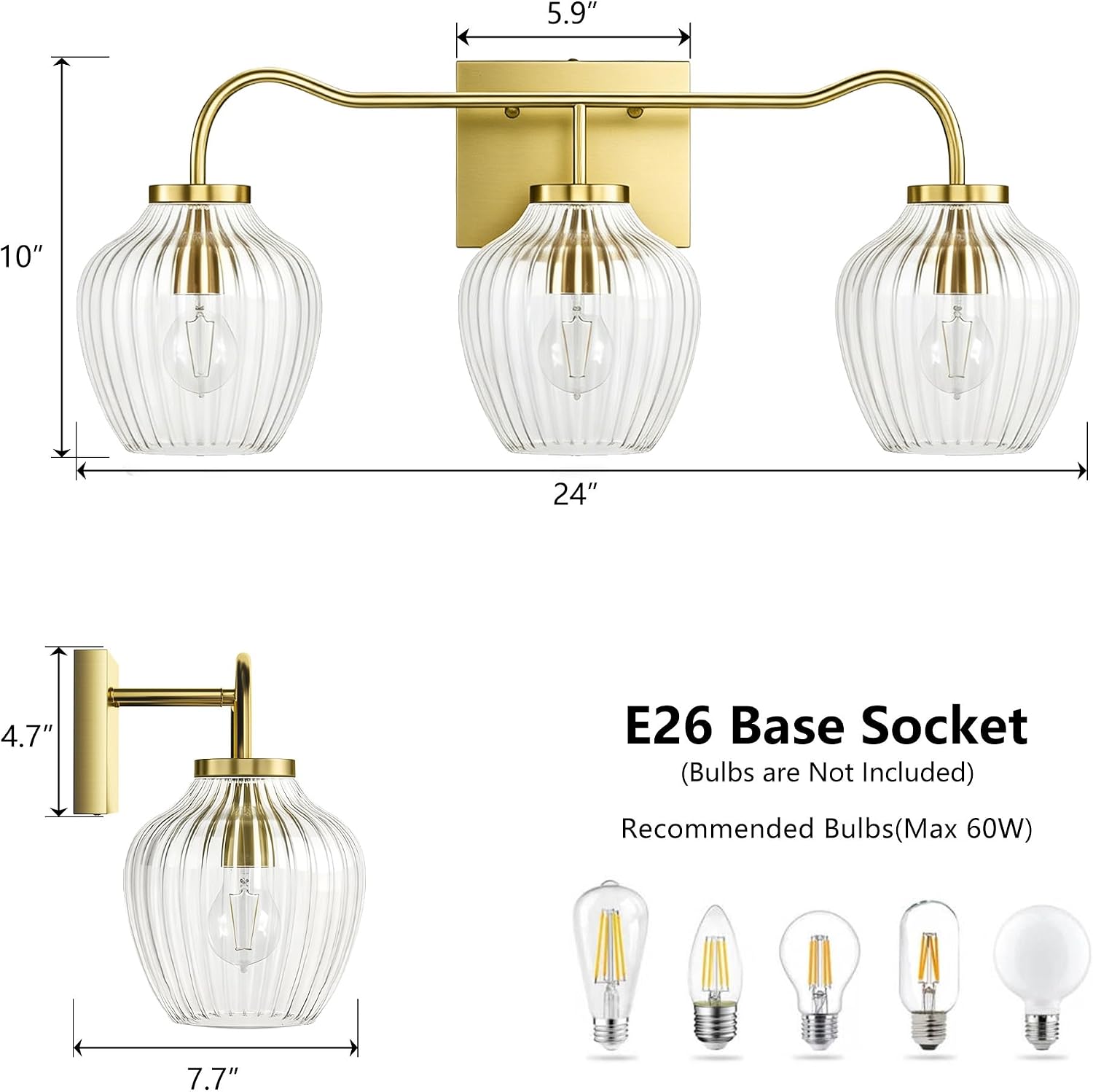 Maxax 3-Light Bathroom Vanity Light, 24" Gold Wall Sconce with Ribbed Clear Glass Shade, Modern Farmhouse Over Mirror Lighting Fixtures, E26 Base