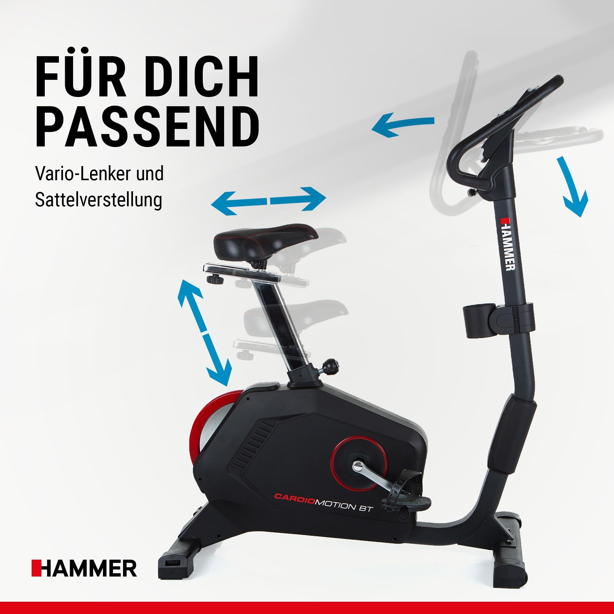 HAMMER Ergometer Cardio Motion BT, leises Fitnessfahrrad mit tiefem Einstieg und Comfort-Sattel, geeignet als Heimtrainer für Senioren, Bluetooth und App-Steuerung, Tablethalterung, 110 x 52 x 140 cm