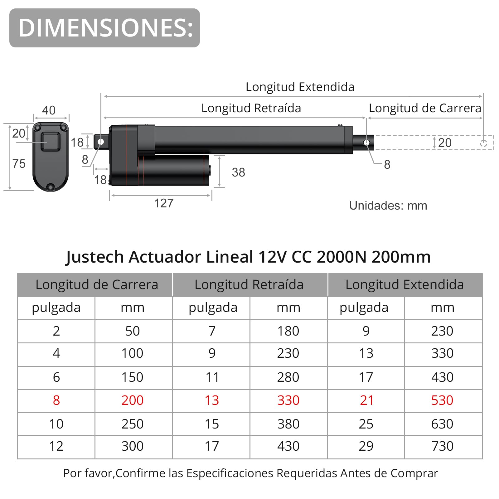 Justech Actuador Lineal 12V,Motor Actuador Lineal 2000N 200mm,Impermeable IP54,Aleación de Aluminio para Equipos Médicos,Línea de Producción,Mesa Elevadora,Sofá