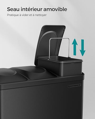SONGMICS Cubo Triple para Cocina, Cubo Basura de Reciclaje, Pedal, Cubo de Basura de Metal 45 L, Sistema de Separación de Residuos Cubo para Cocina, 3 x 15 L, con Tapa, Acero, Negro LTB45B - 5
