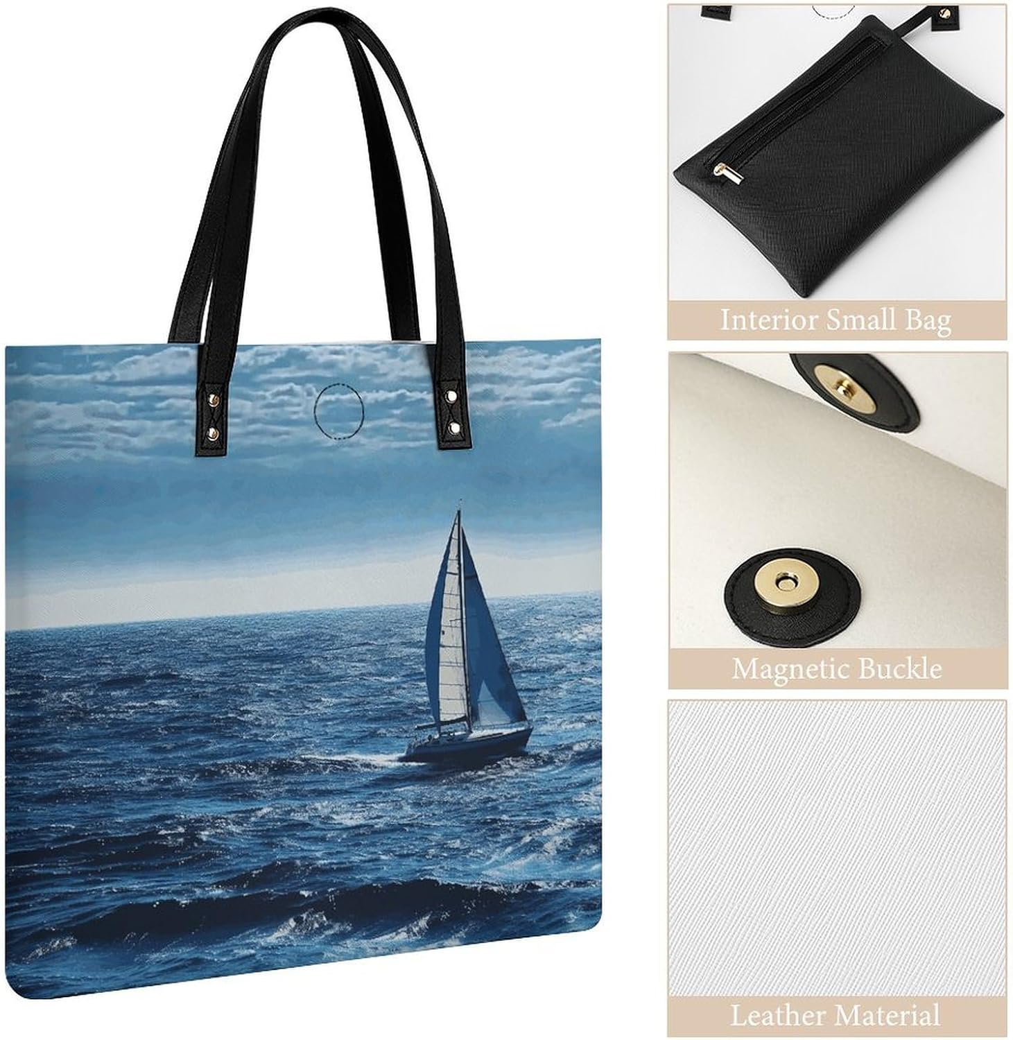Blue Sea Sailboat Handbags Large Capacity, Tote Bag Stylish Slouchy, Shoulder Bags for Work Beach Travel And Shopping Grocery.