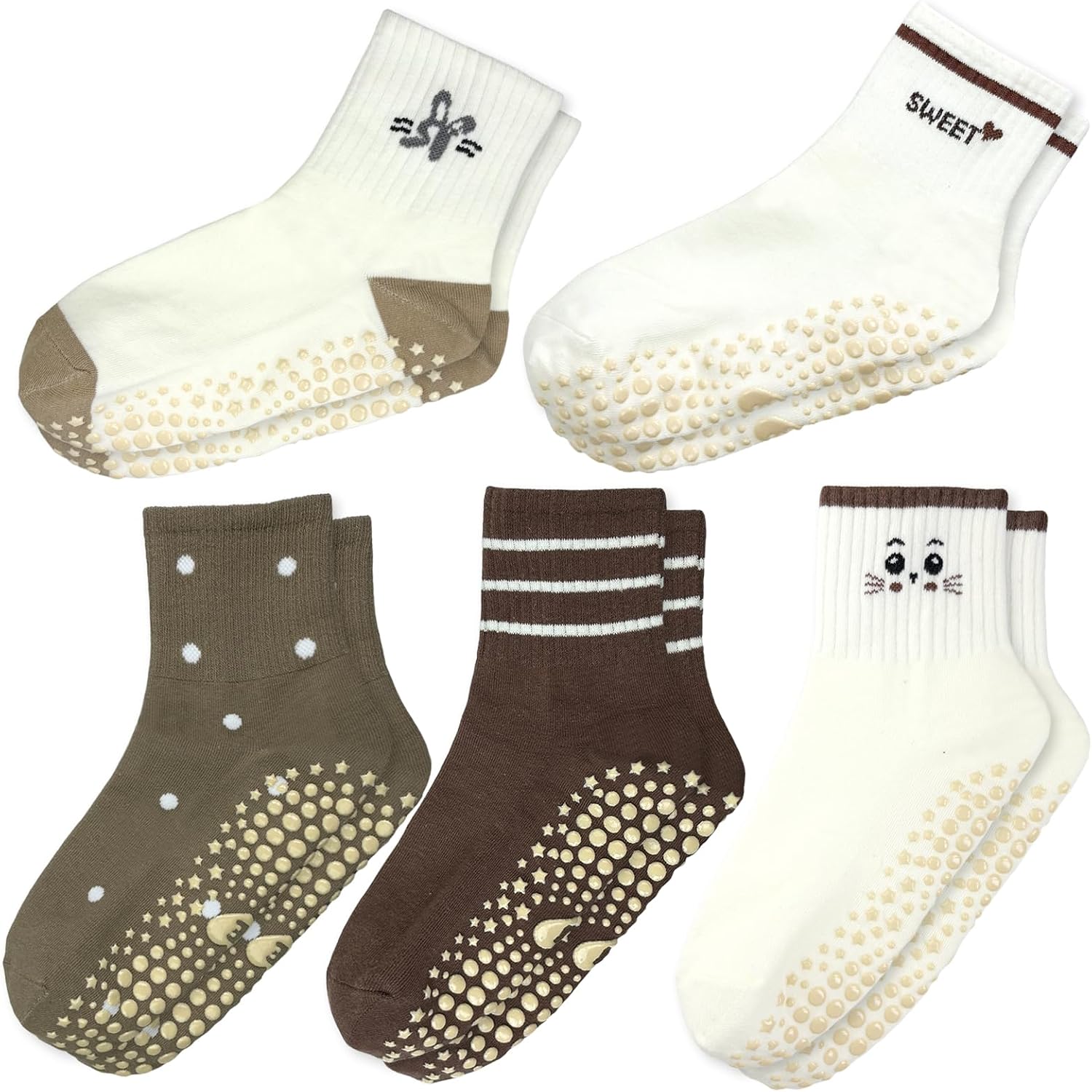 Cute Yoga Socks for Women, Non Slip Grip Pilates Barre Crew Socks with Heart Bow, US Size 5-9